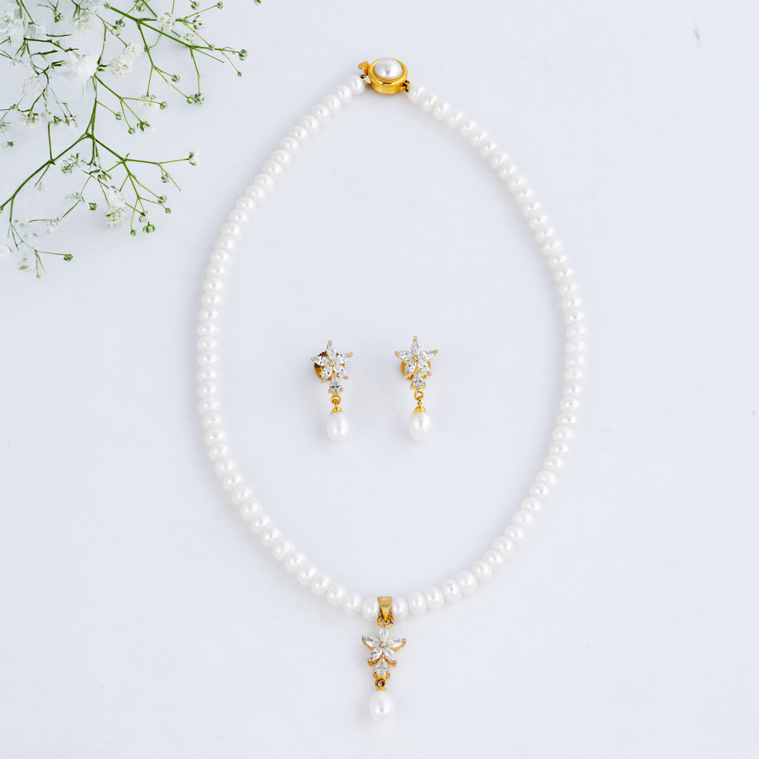 Minimalist Flower CZ Pearl Pendant Set