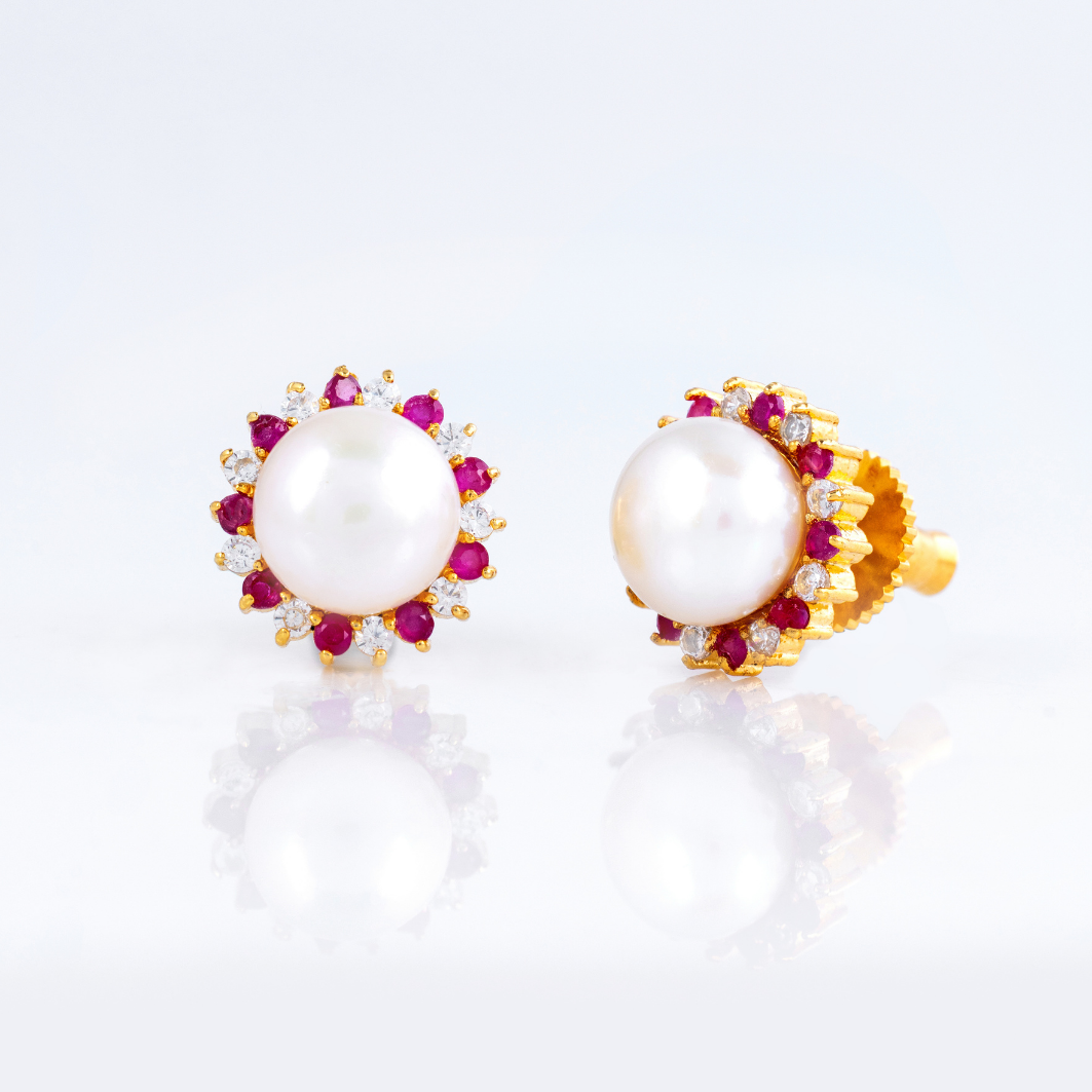 Scarlet Aura Pearl Stud Earrings