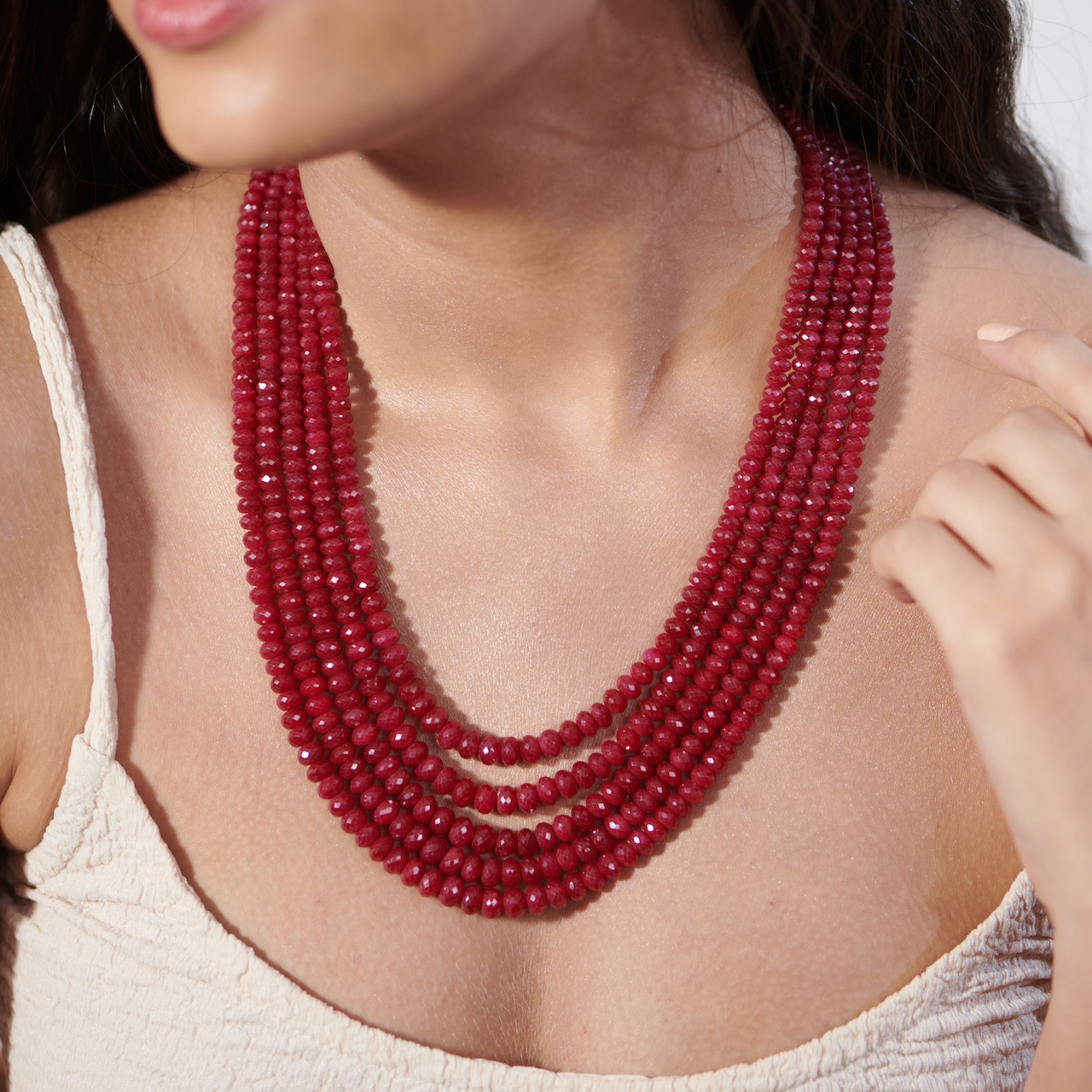 Dazzling Round Ruby Delight: Five-Line Cut Gem Necklace
