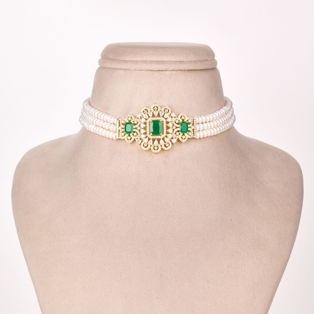 Traditional Green Stone Pearl Necklace Set