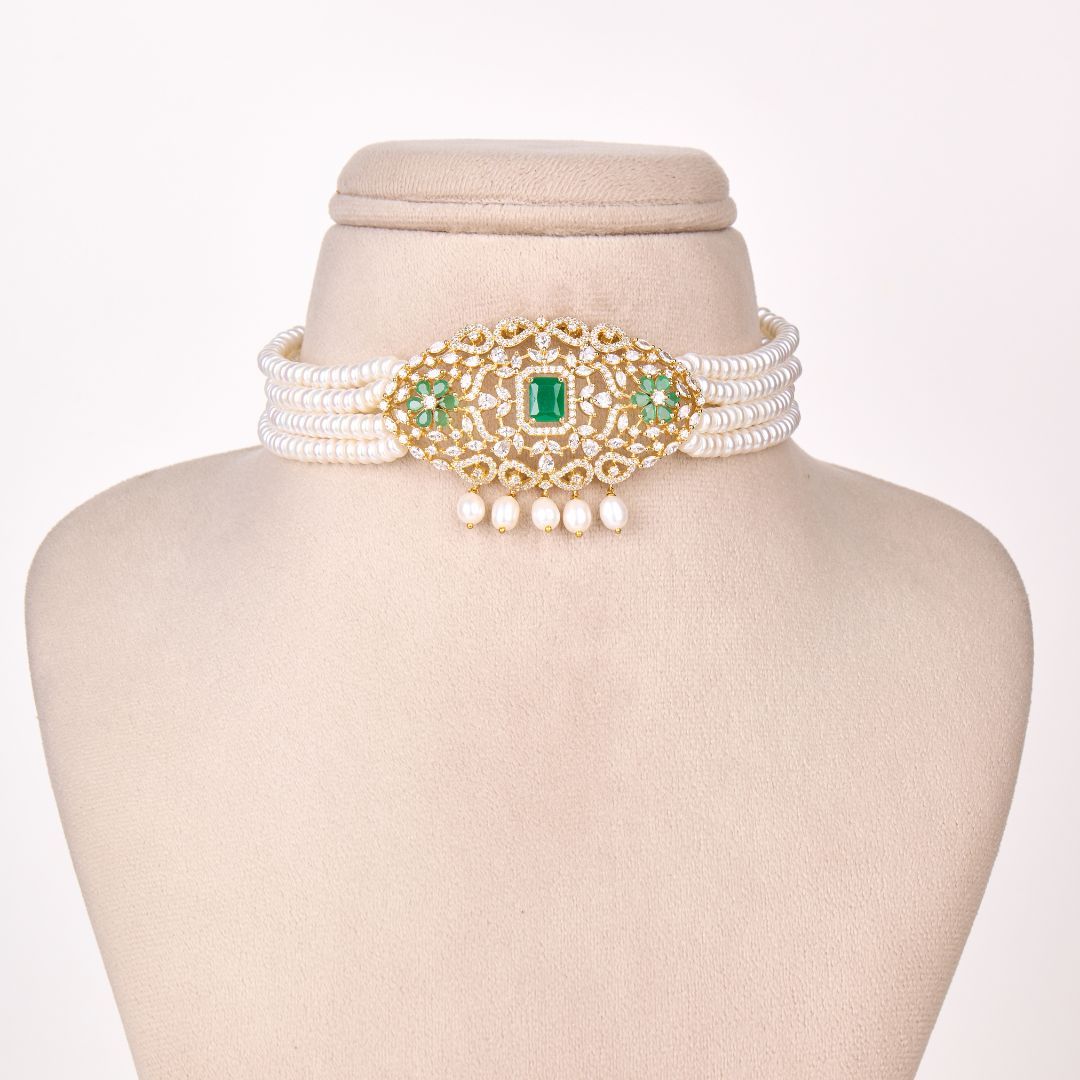 Floral Green Stone Pearl Necklace Set