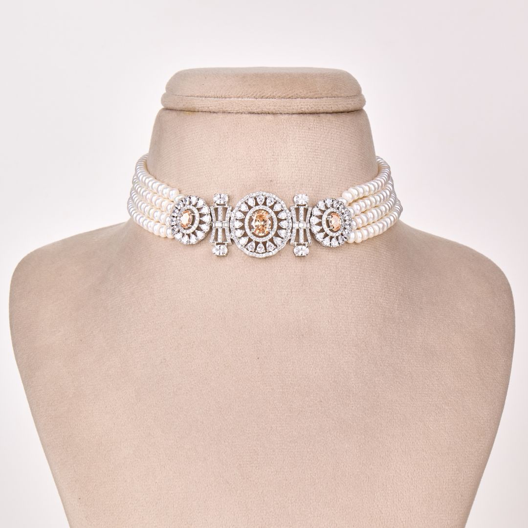 Champagne Stone Pearl Necklace Set