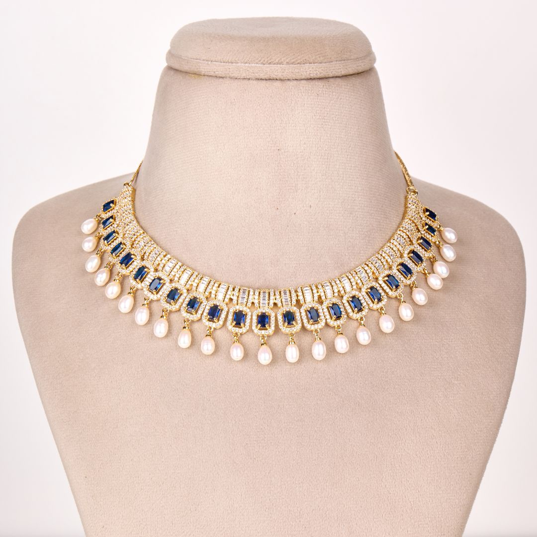 Regal Sapphire Pearl Drops Necklace Set