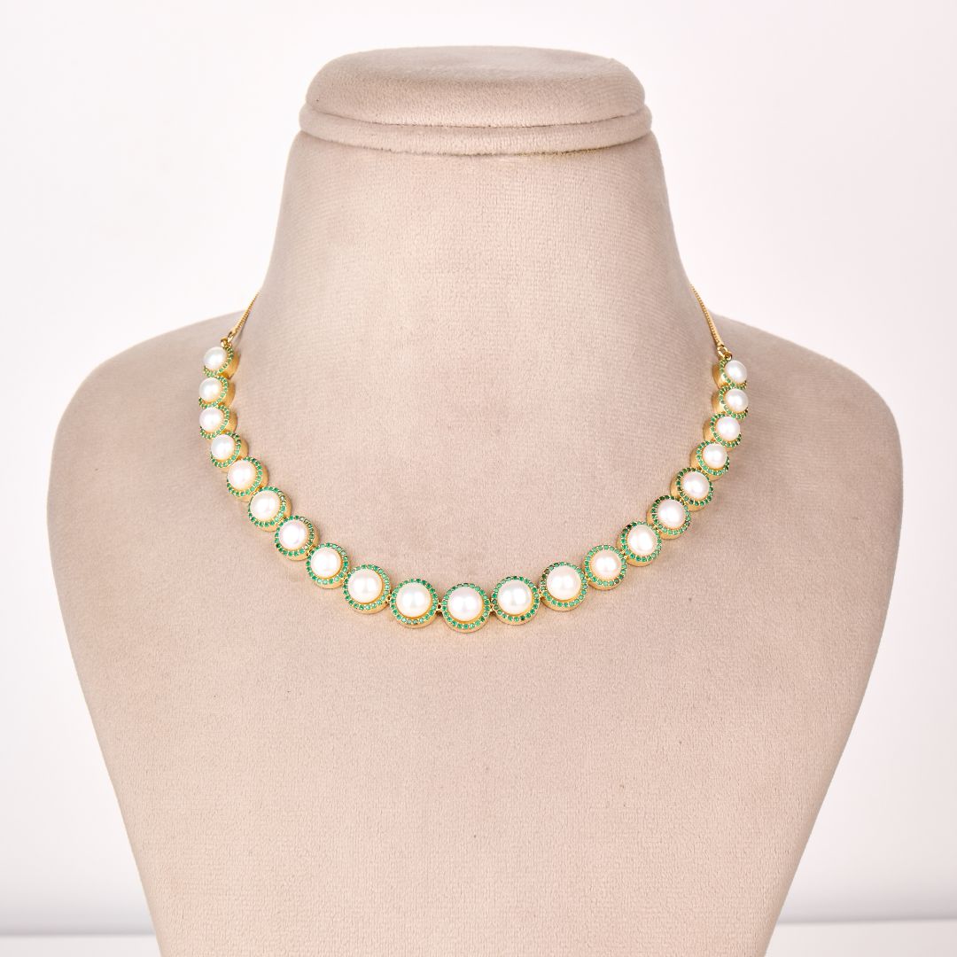 Blushing Flora Green Halo Pearl Necklace Set