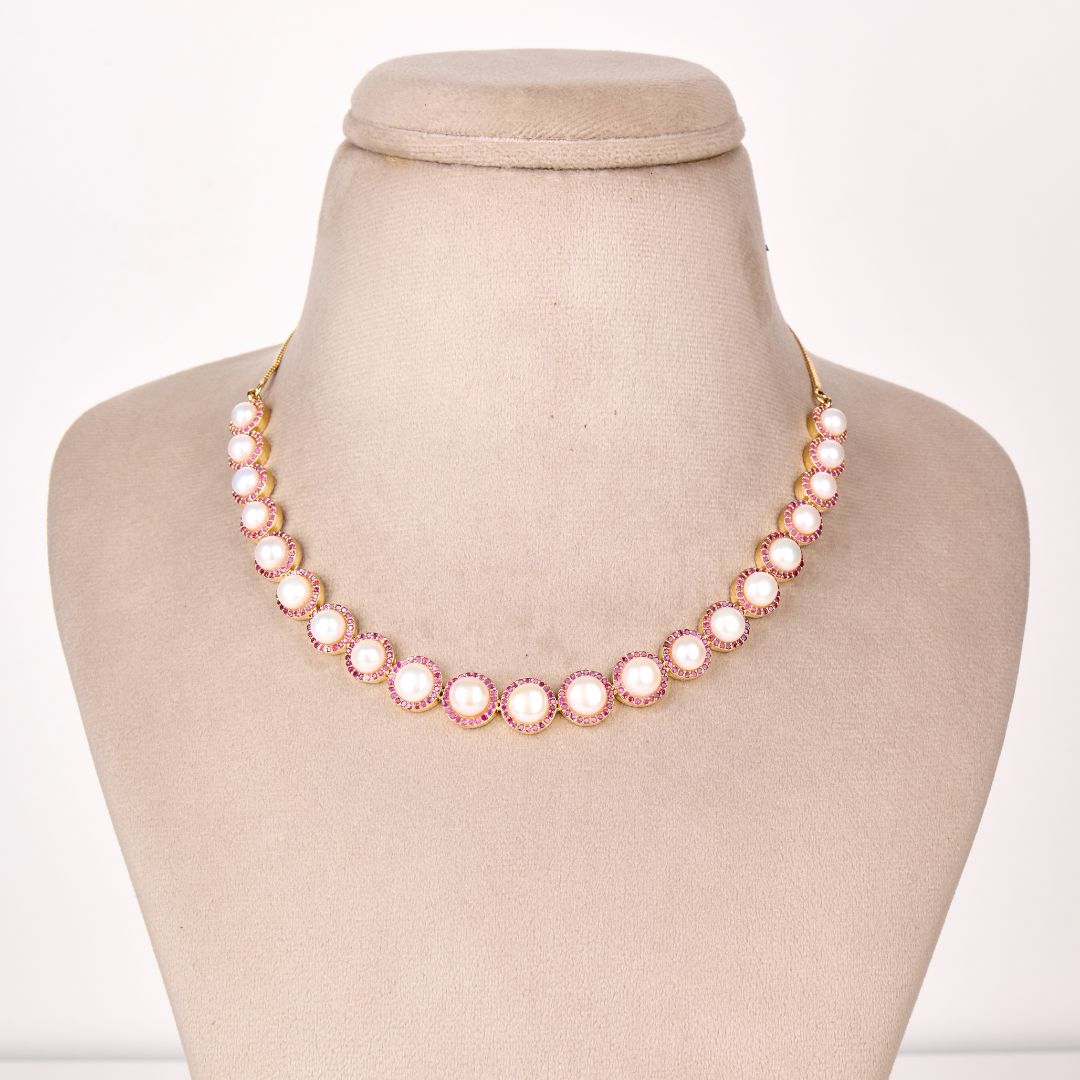 Blushing Flora Pink Halo Pearl Necklace Set