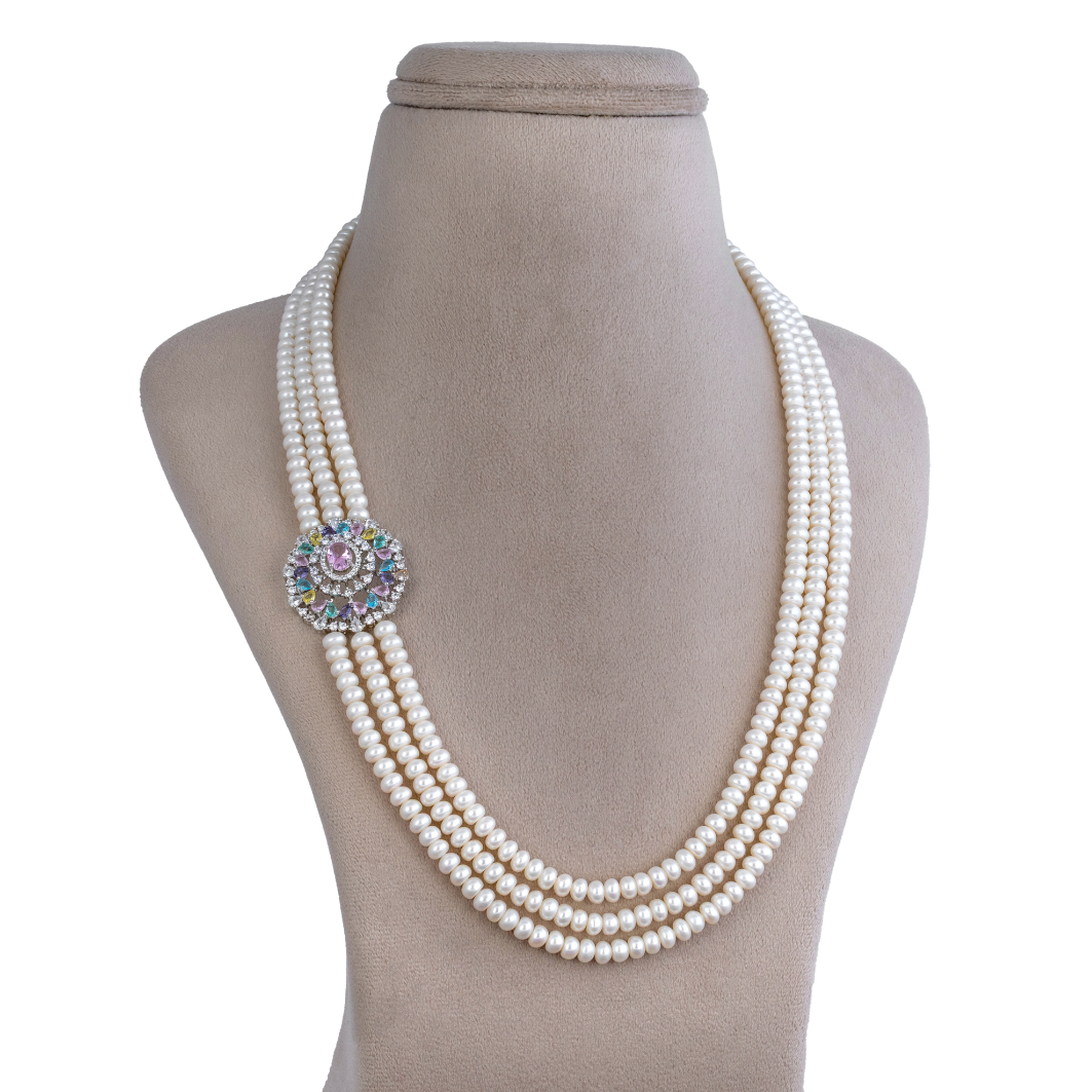 Rainbow Bloom Three-Line Pearl Necklace Set