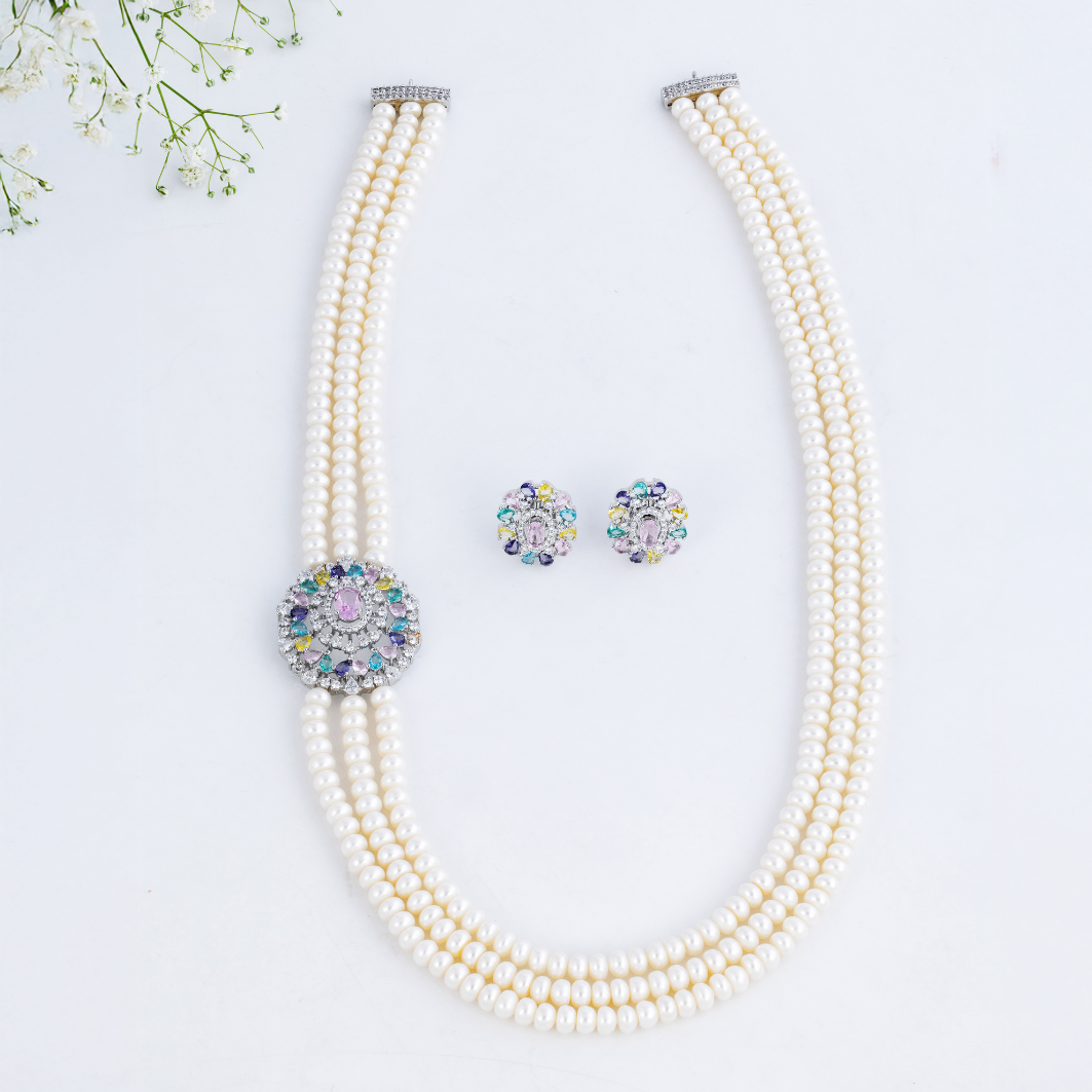 Rainbow Bloom Three-Line Pearl Necklace Set