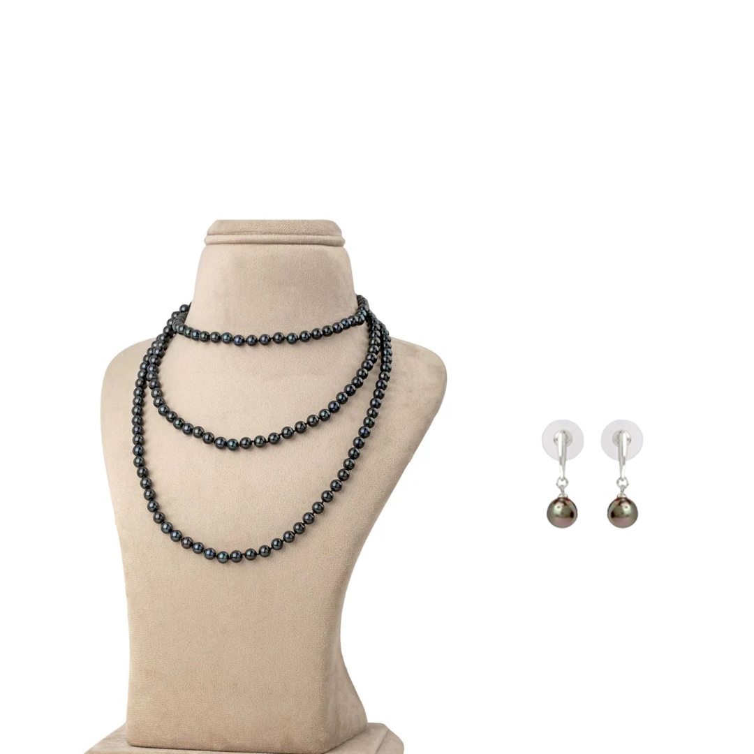 Long Freshwater OPERA Black Beauty Pearl Necklace Set