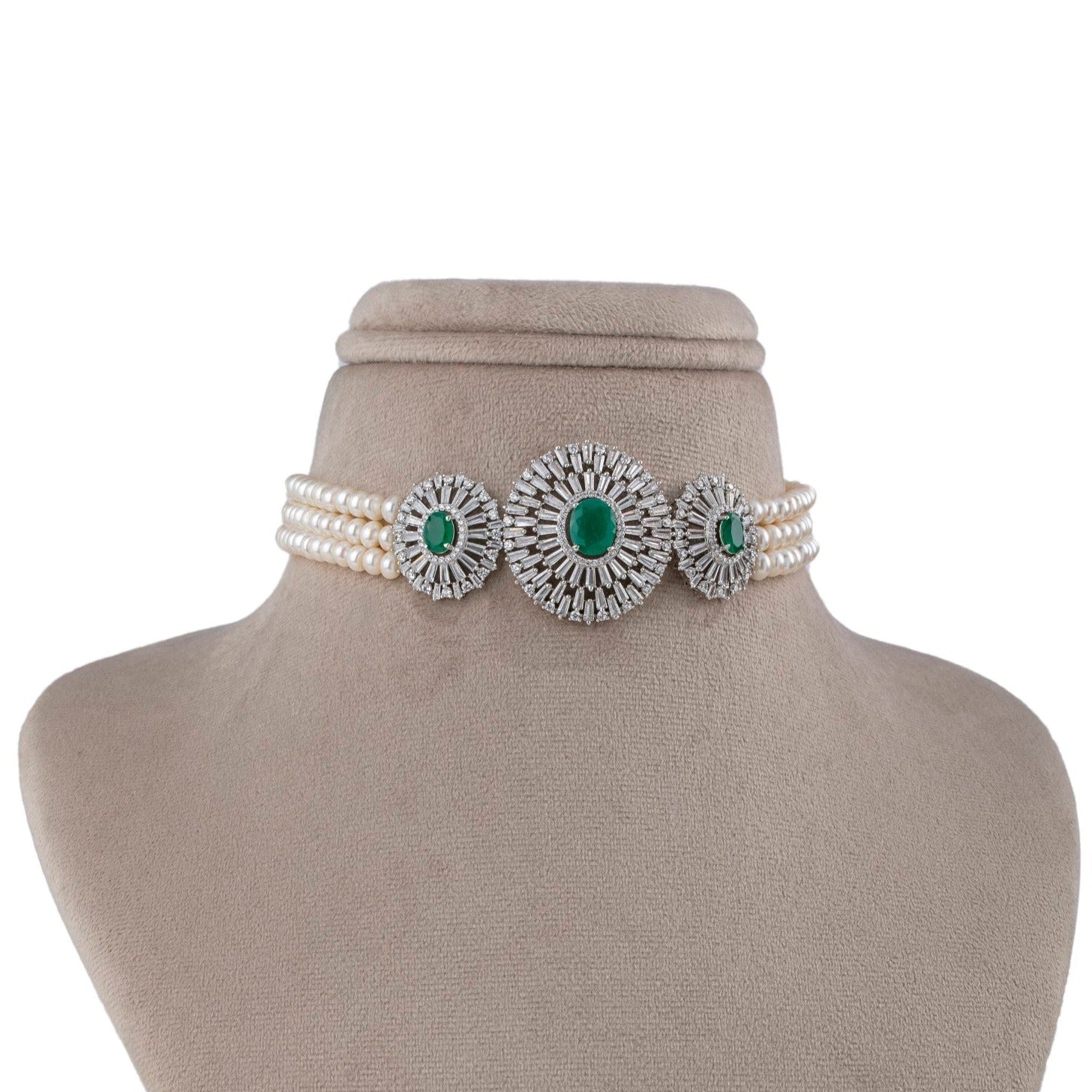 Green Grace Three-pendant Pearl Choker set