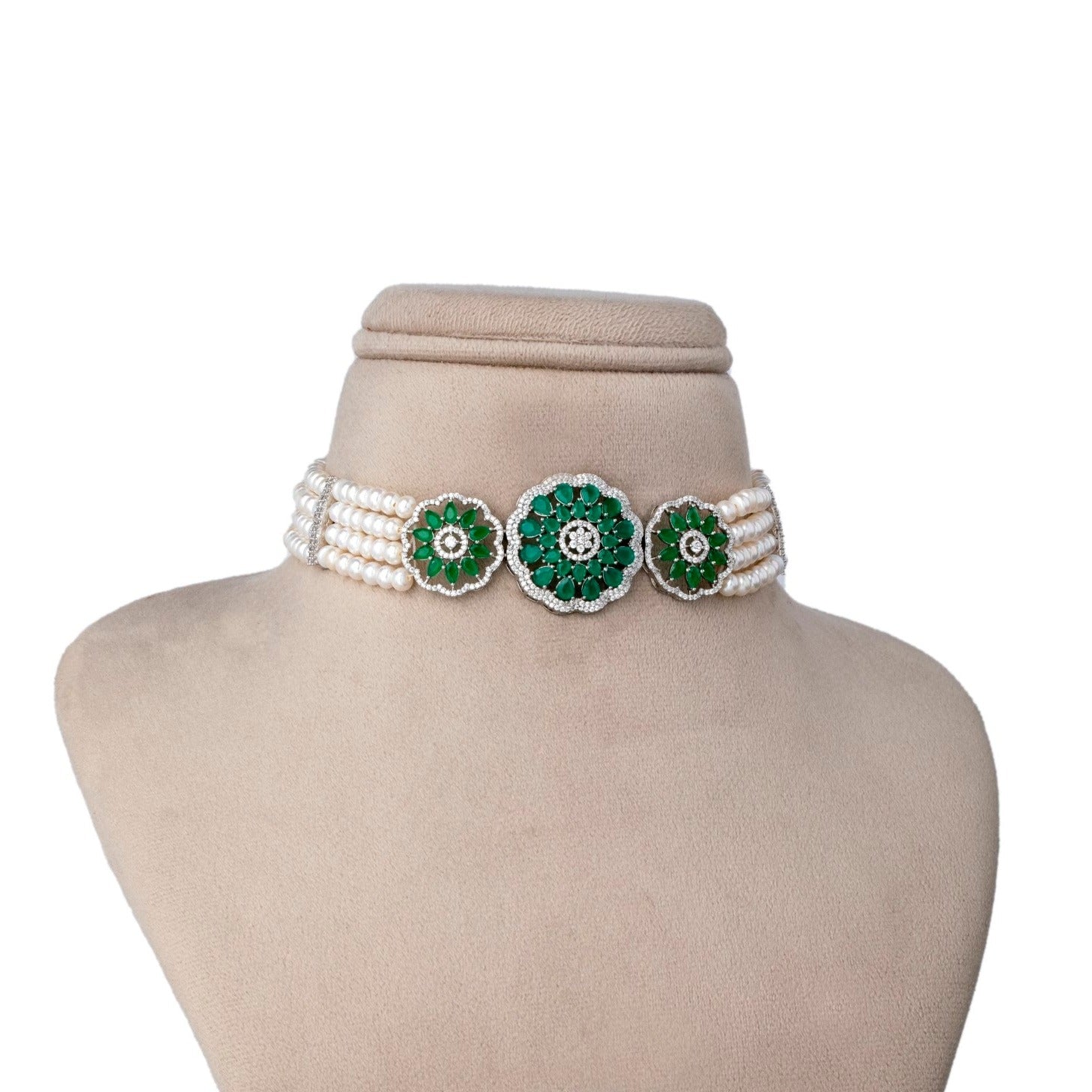 Floral Delight with Green Sparkle Choker Set | Pearl Set