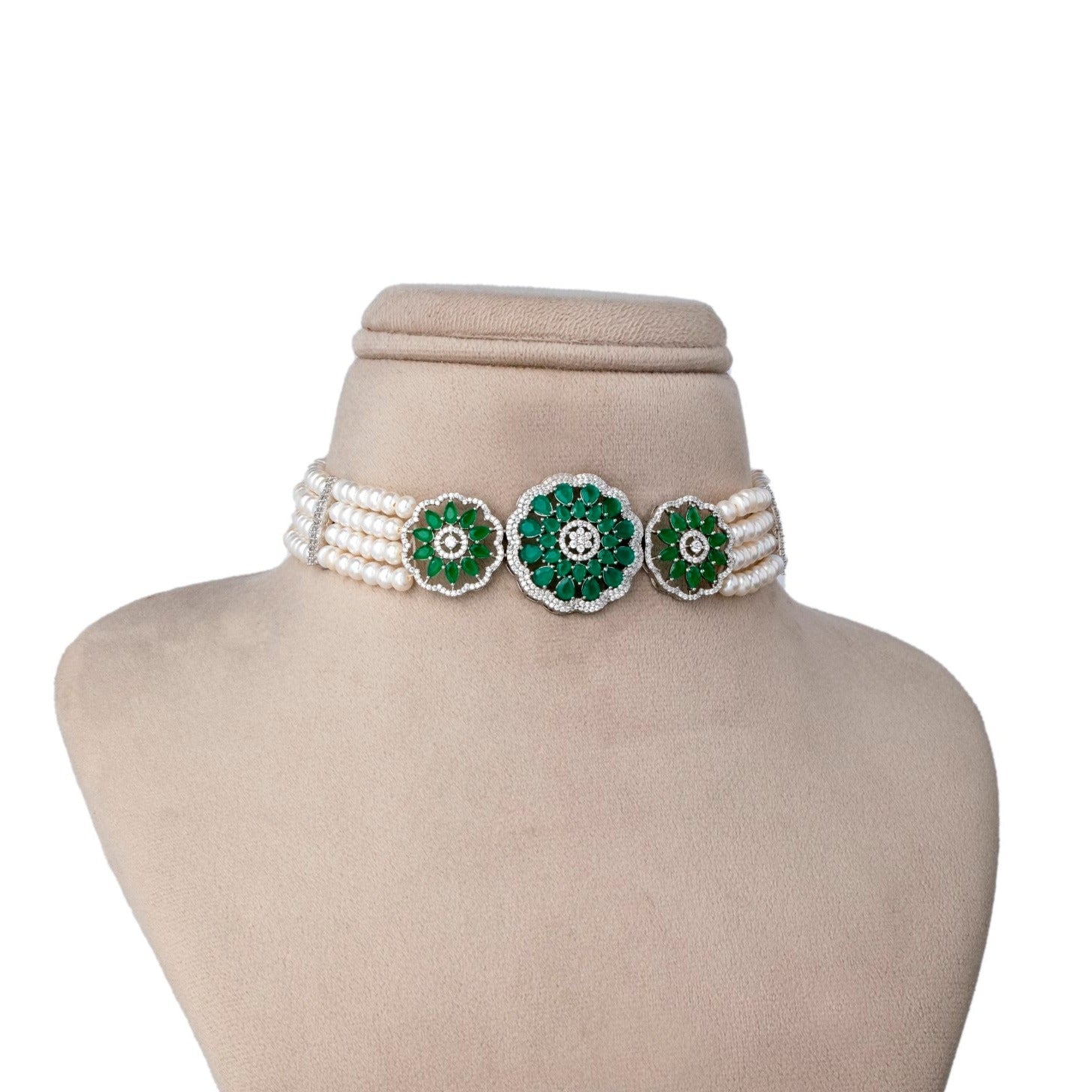 Floral Green Pearl Choker Set