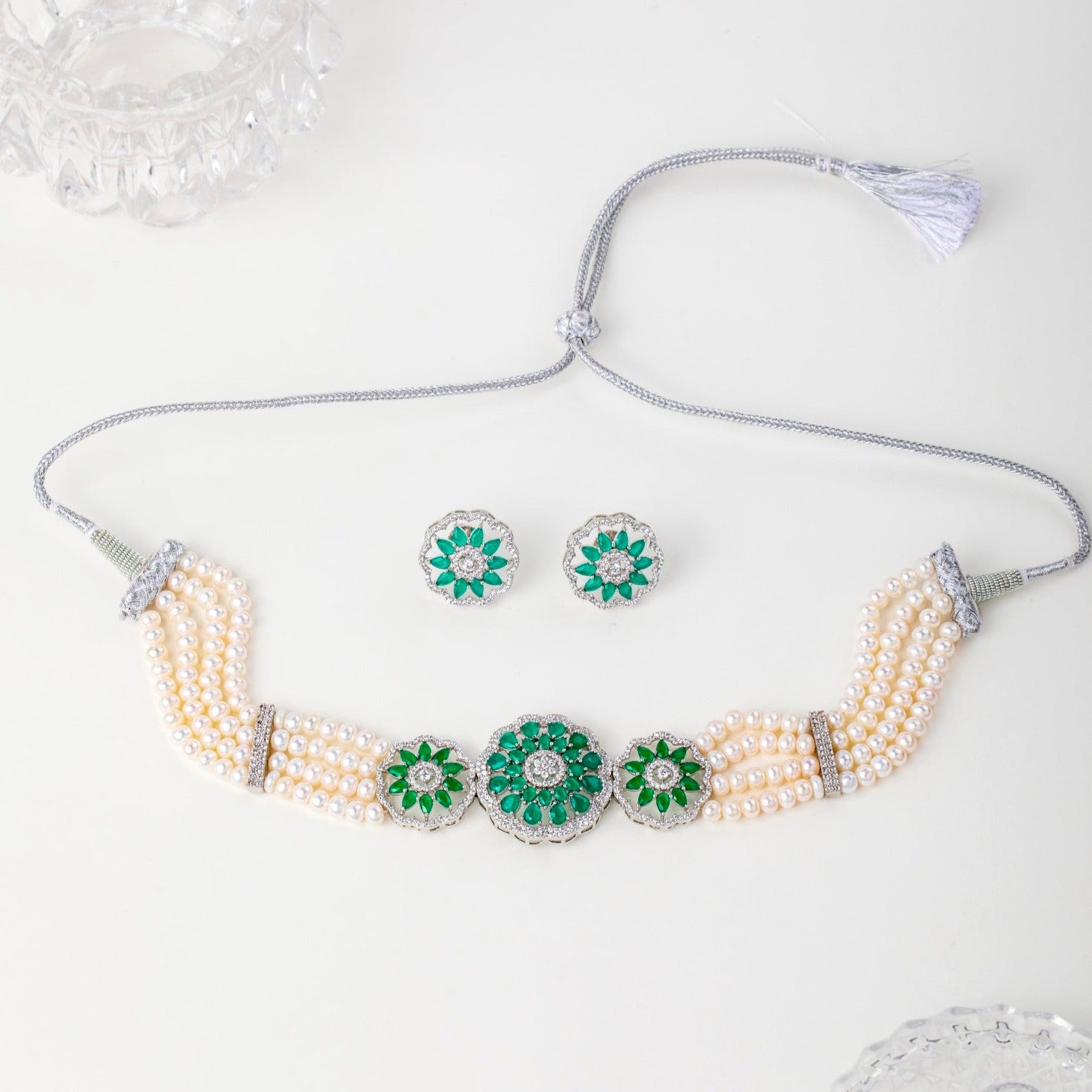 Floral Delight with Green Sparkle Choker Set | Pearl Set