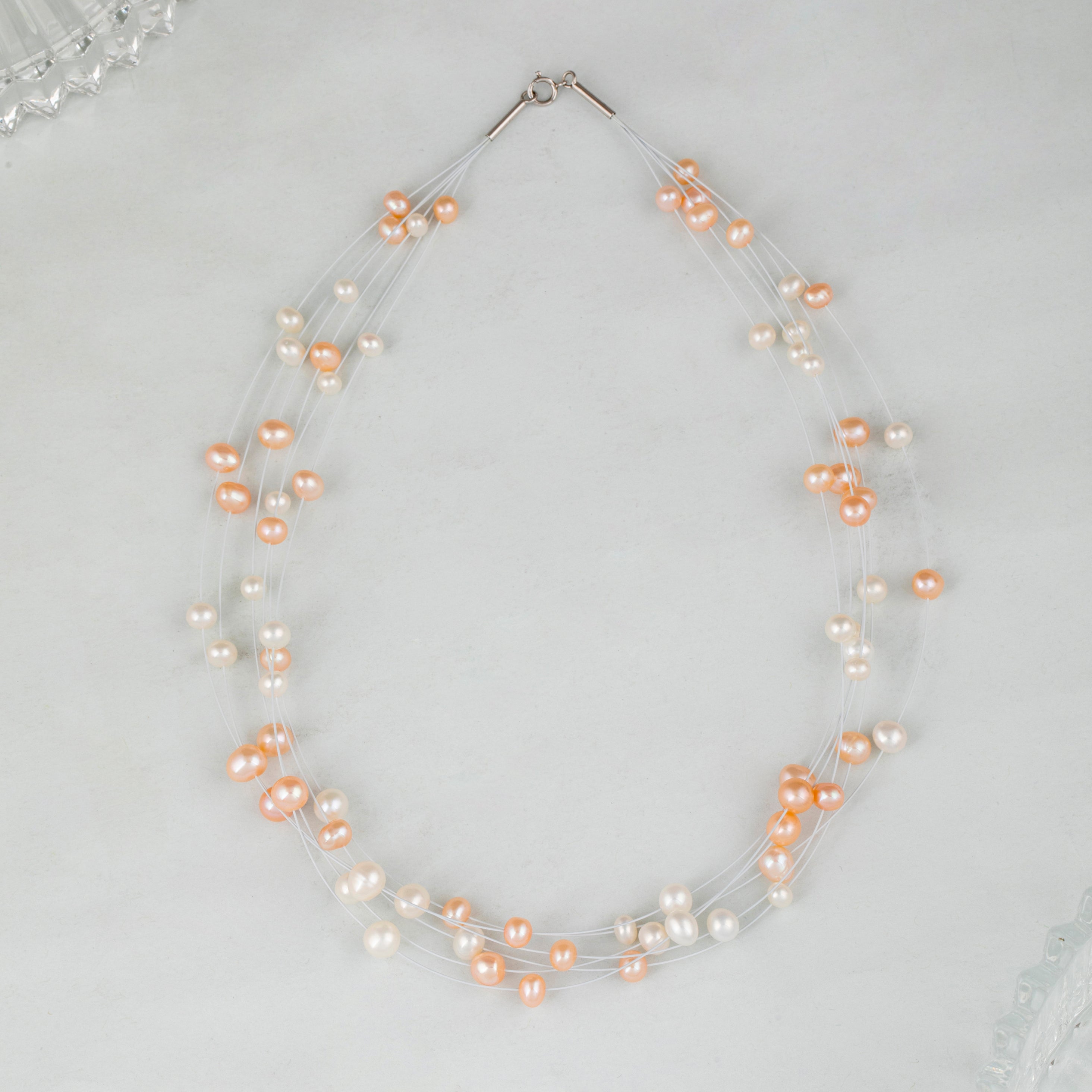 Spaced White & Peach Pearl Necklace