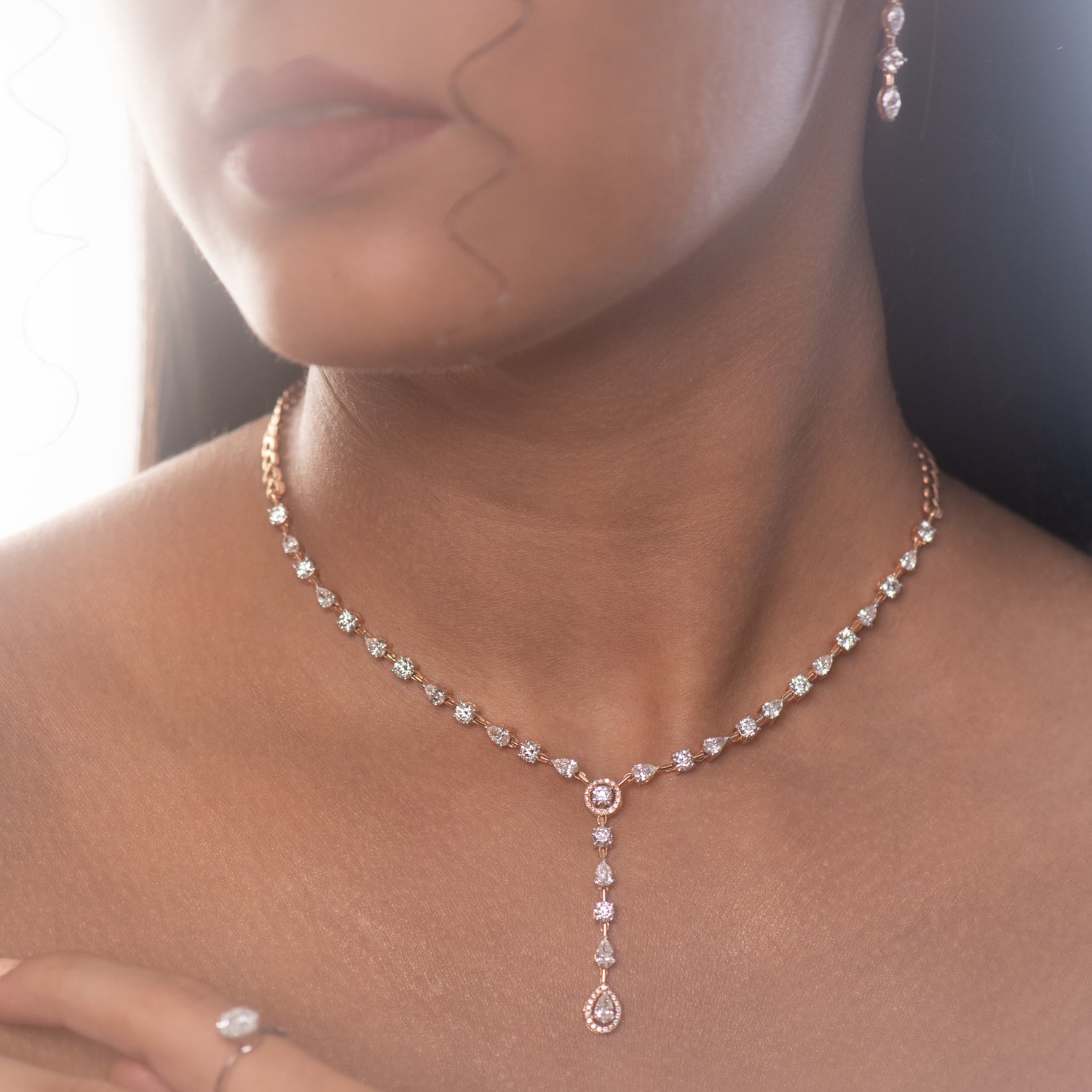 women wearing Stellar solitaire drop necklace 