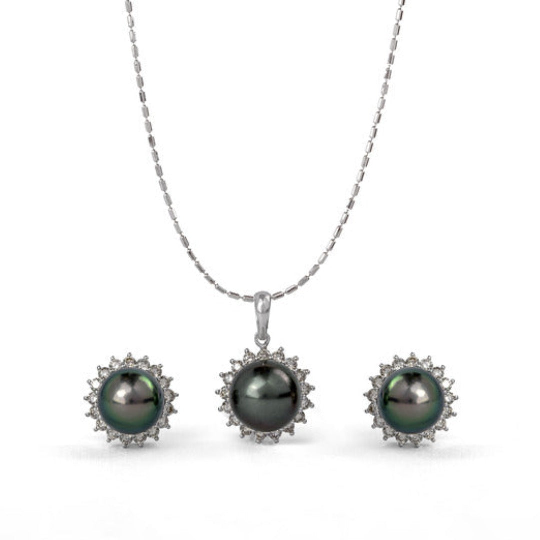 Beyond Noir Tahiti Pearl and Diamond Pendent Earring Set