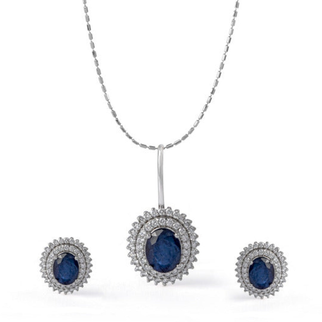 Beyond Sapphire and double Diamond Pendant and Earrings Set