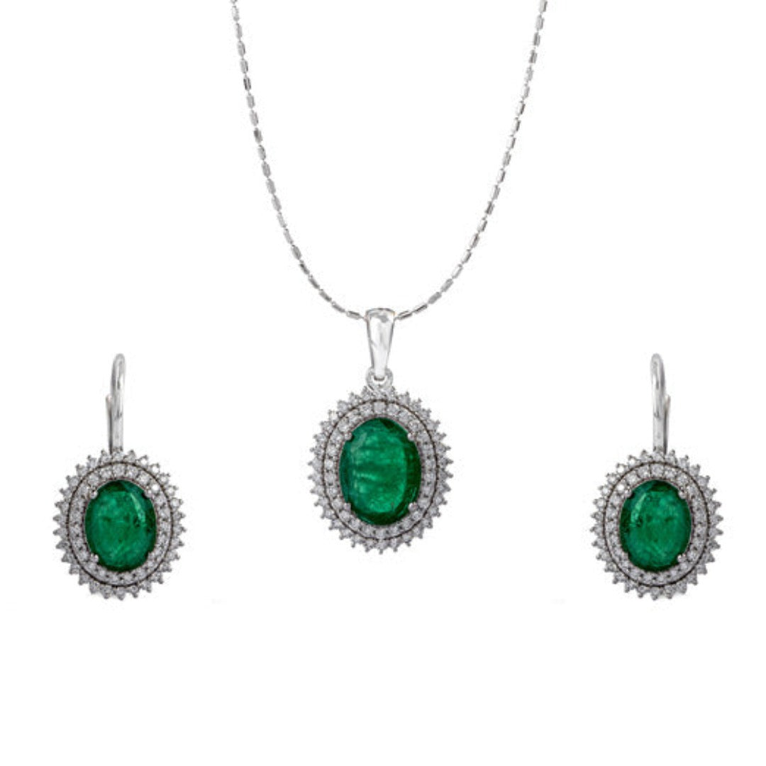 Beyond Emerald and double Diamond Pendant and Earrings Set