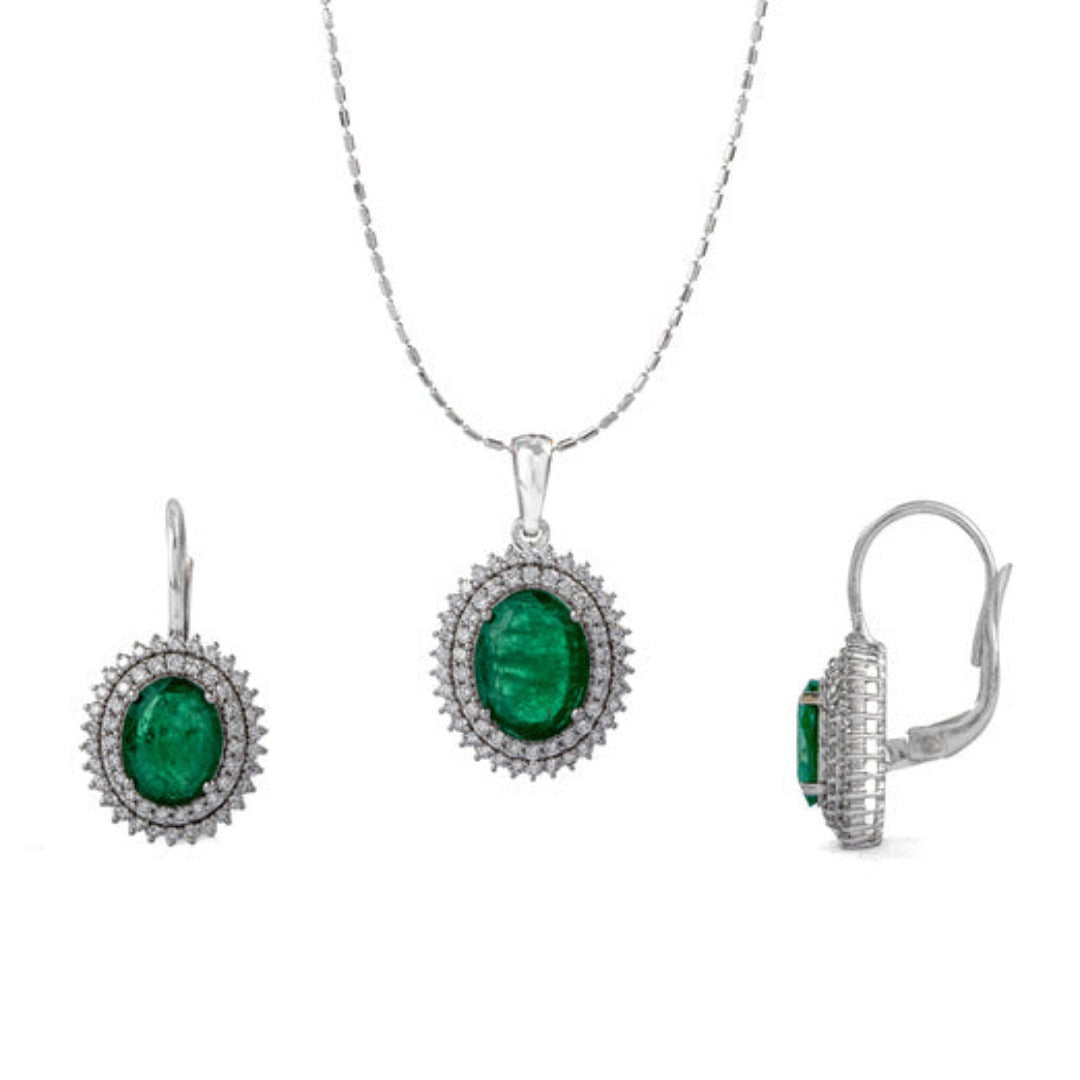 Beyond Emerald and double Diamond Pendant and Earrings Set