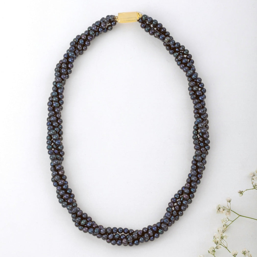 Freshwater BLACK twisted 4 LINE twisted Pearl Necklace