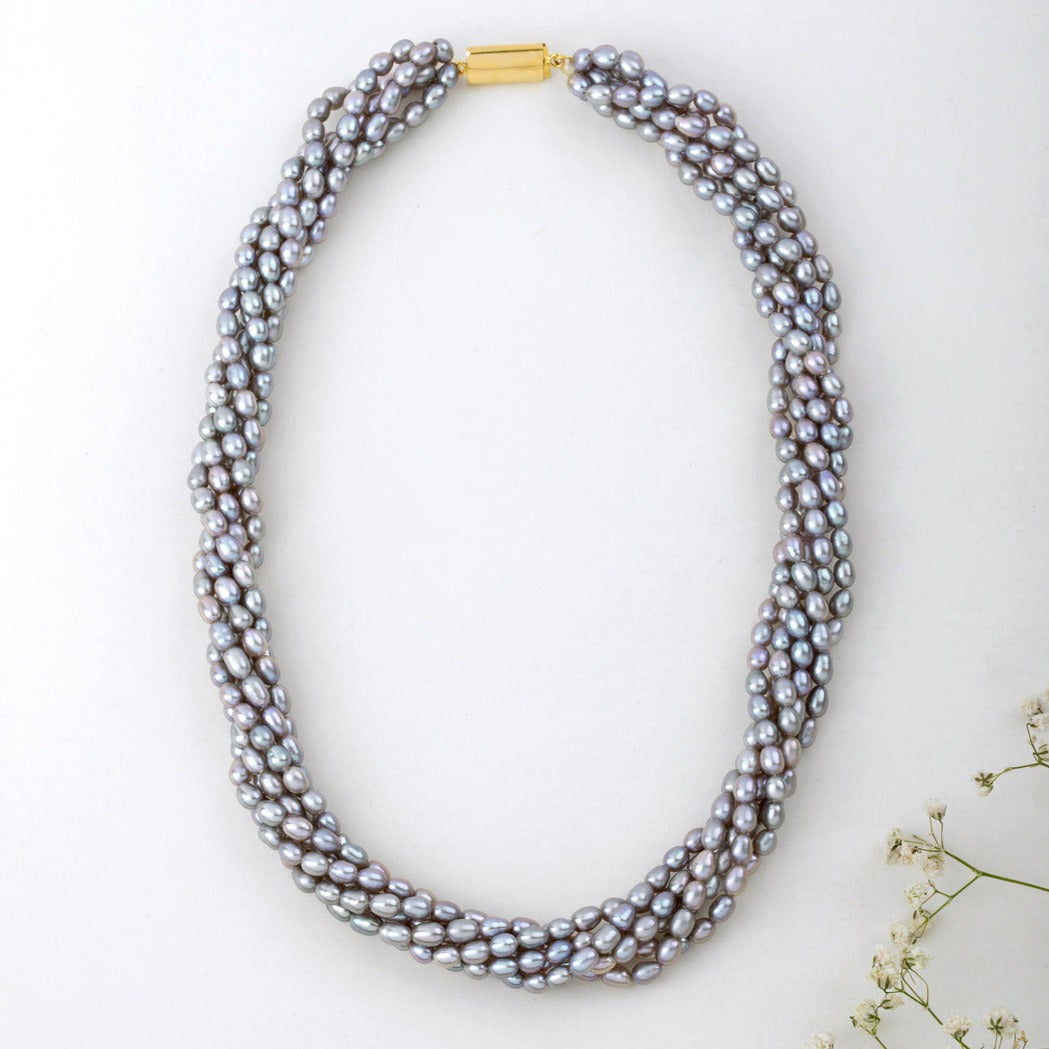 Freshwater Grey Lust Rice Ball 6-Line Twisted Pearl Necklace