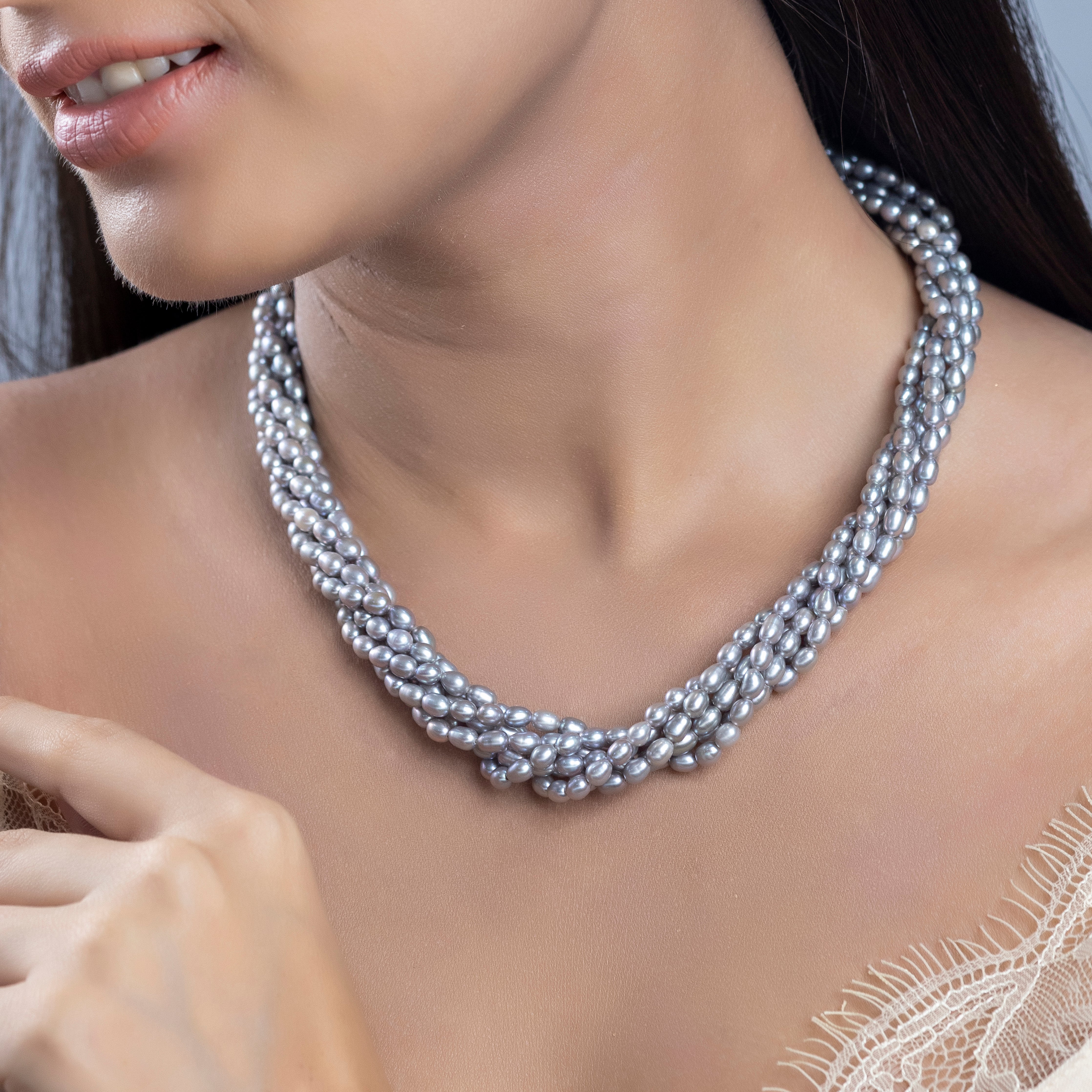 Freshwater Grey Lust Rice Ball 6-Line Twisted Pearl Necklace