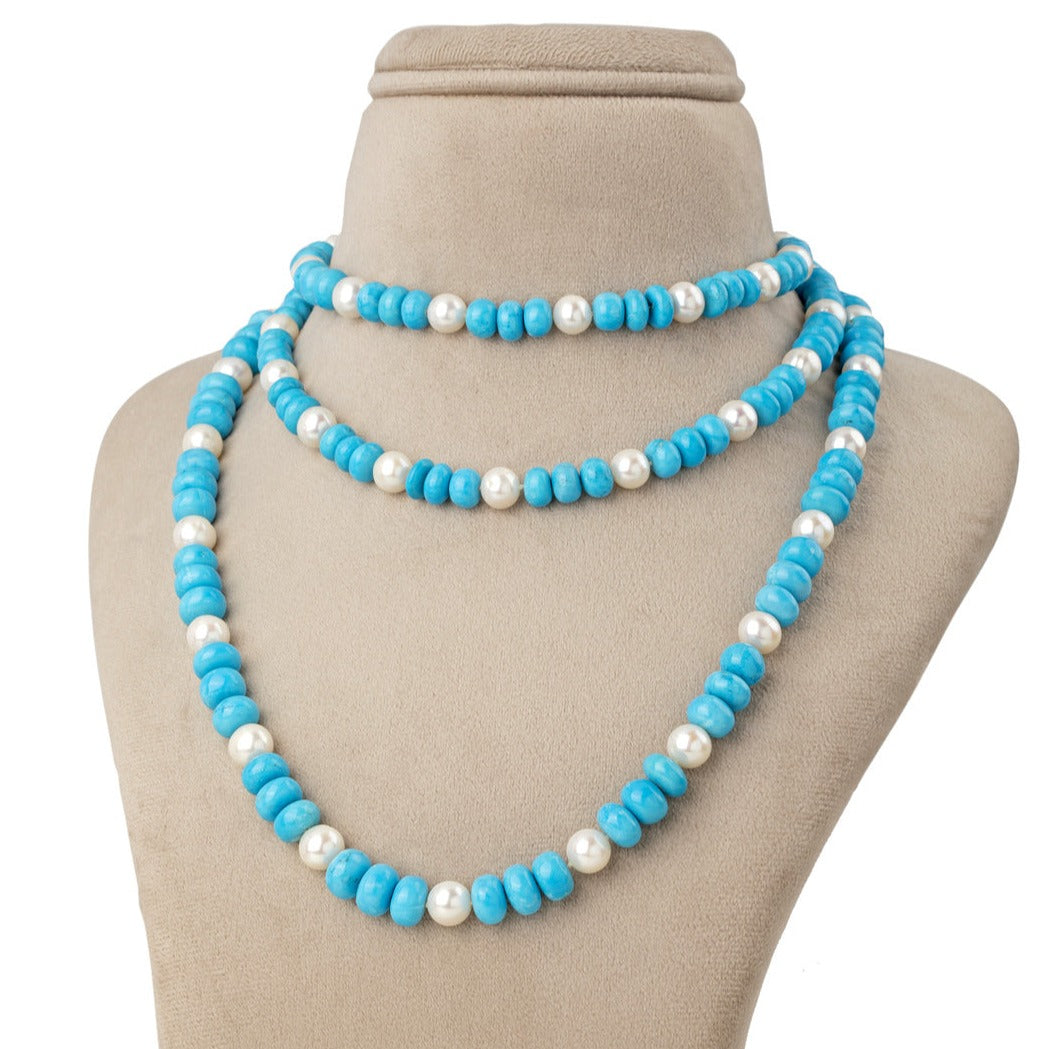 Freshwater White And Blue Turquoise Opera Pearl Necklace