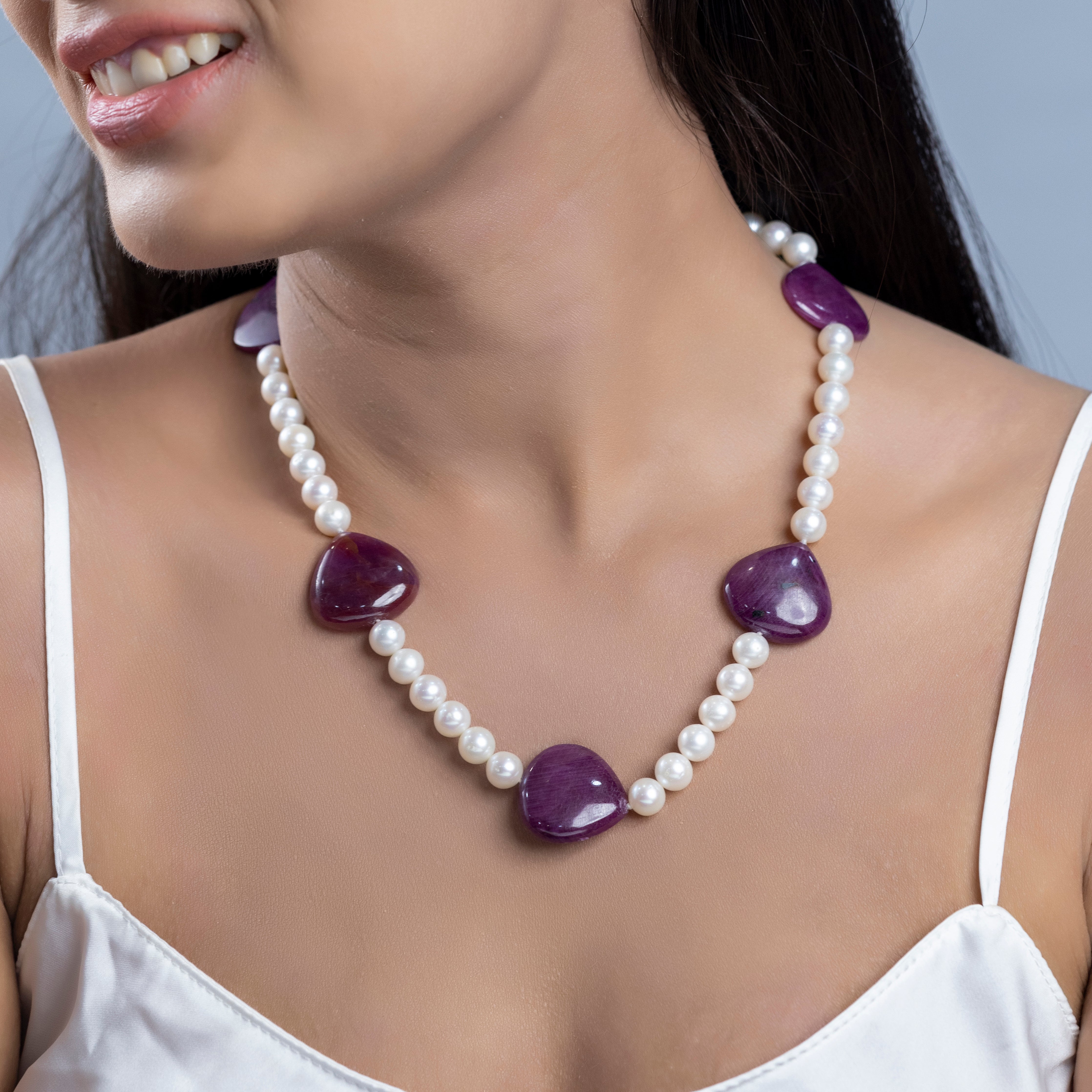 Freshwater Pearl and Heart-Shape Ruby Fusion Necklace