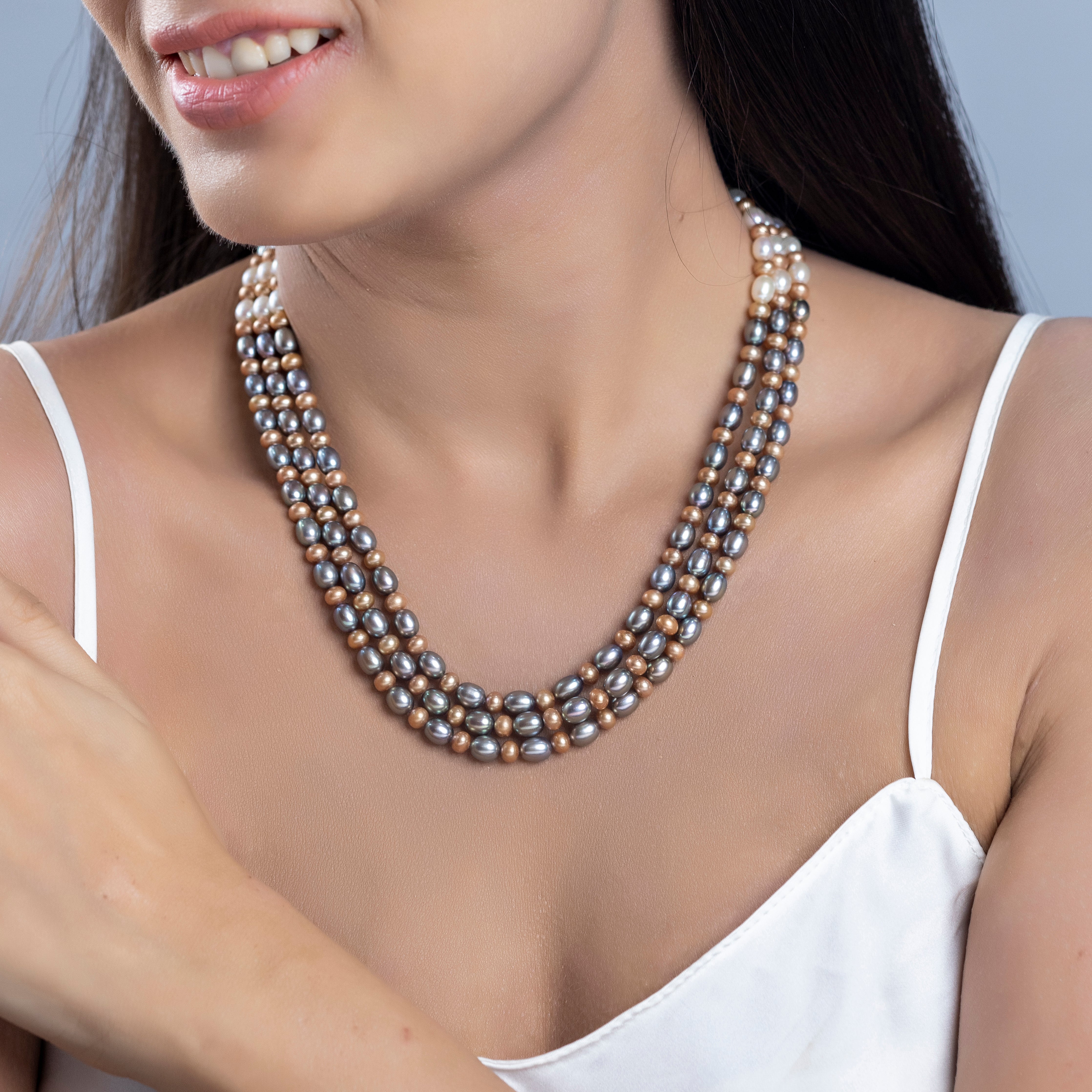 Contrast Harmony Mixed Pearl 3-Line Freshwater Necklace