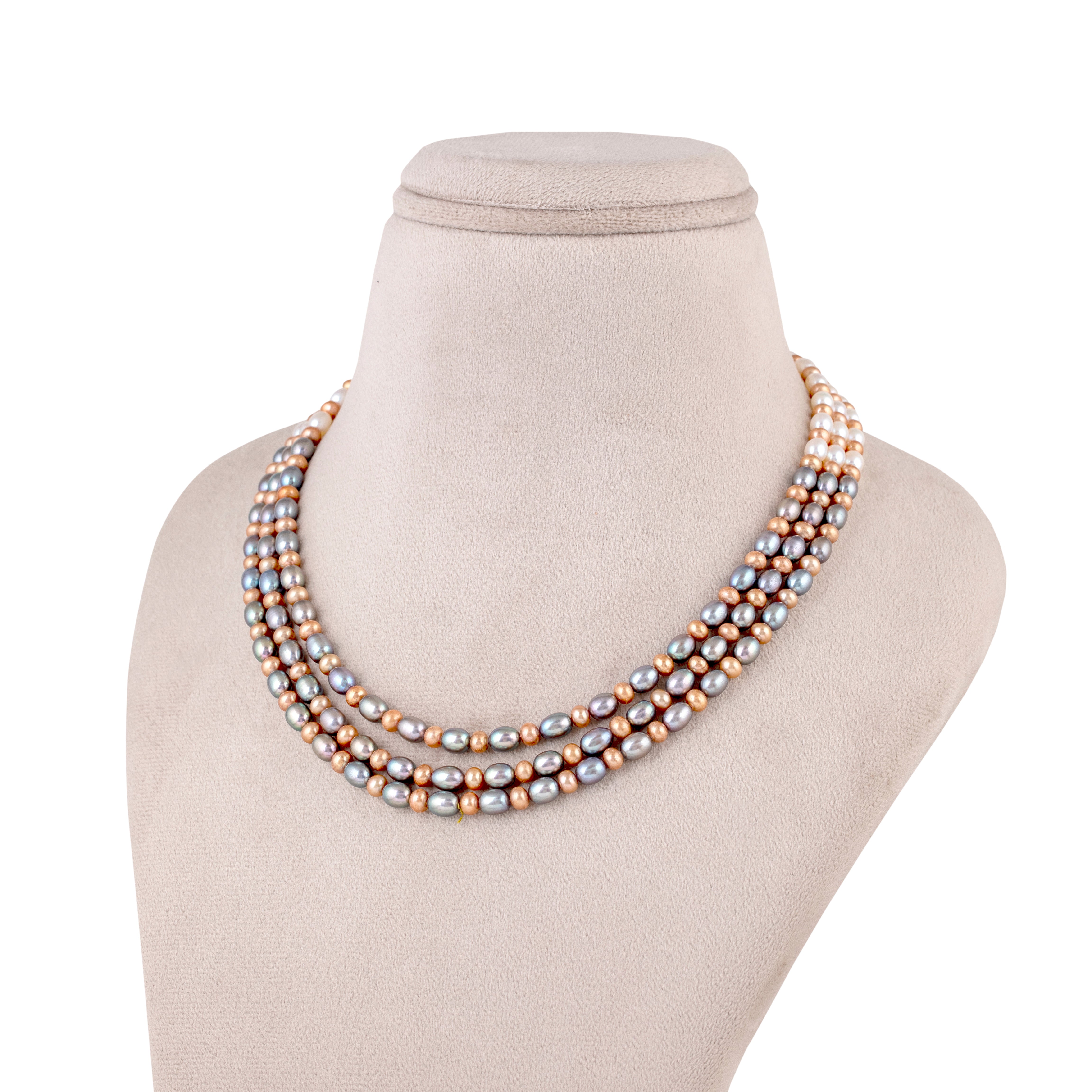 Contrast Harmony Mixed Pearl 3-Line Freshwater Necklace