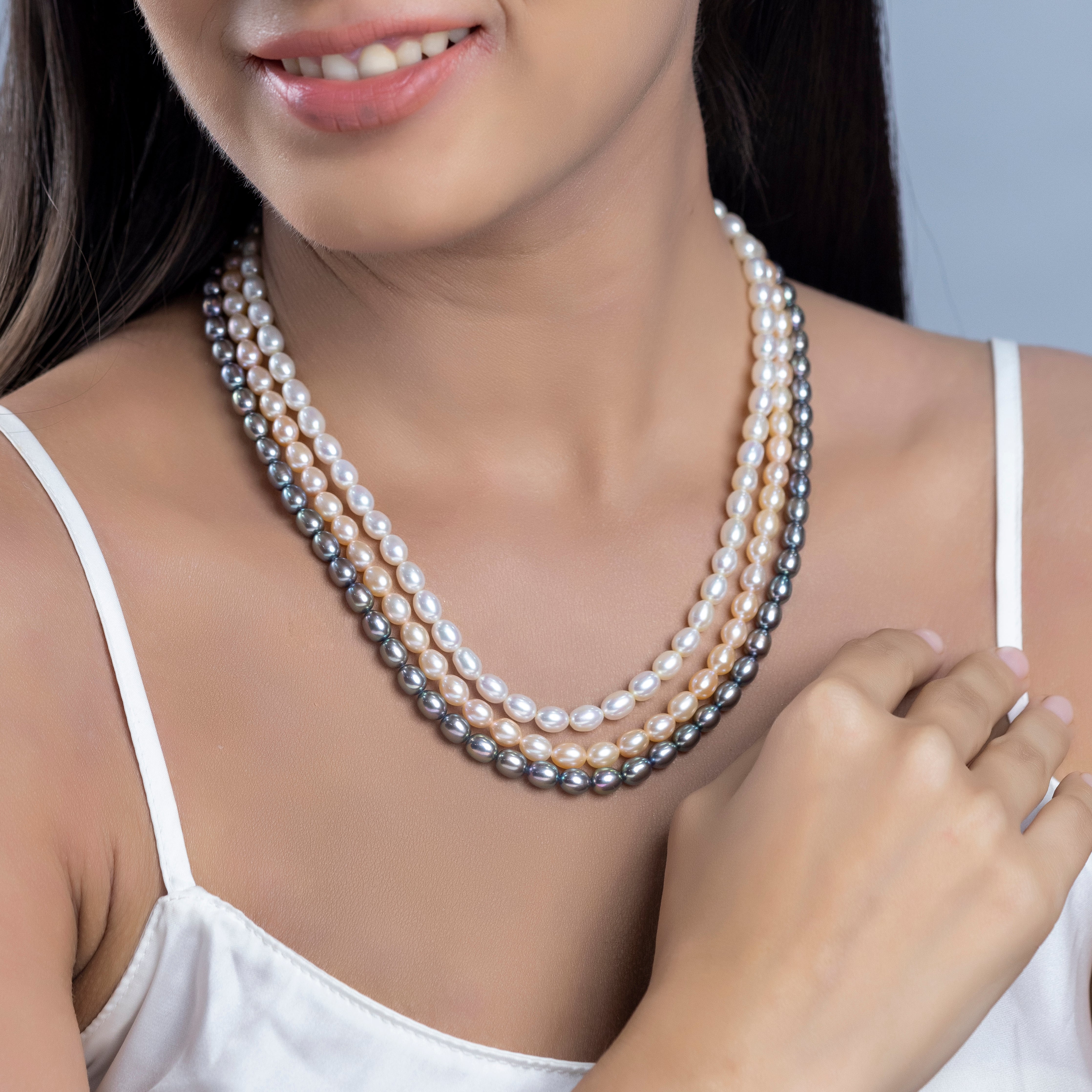 Tricolor Elegance Oval 3-Line Freshwater Pearl Necklace