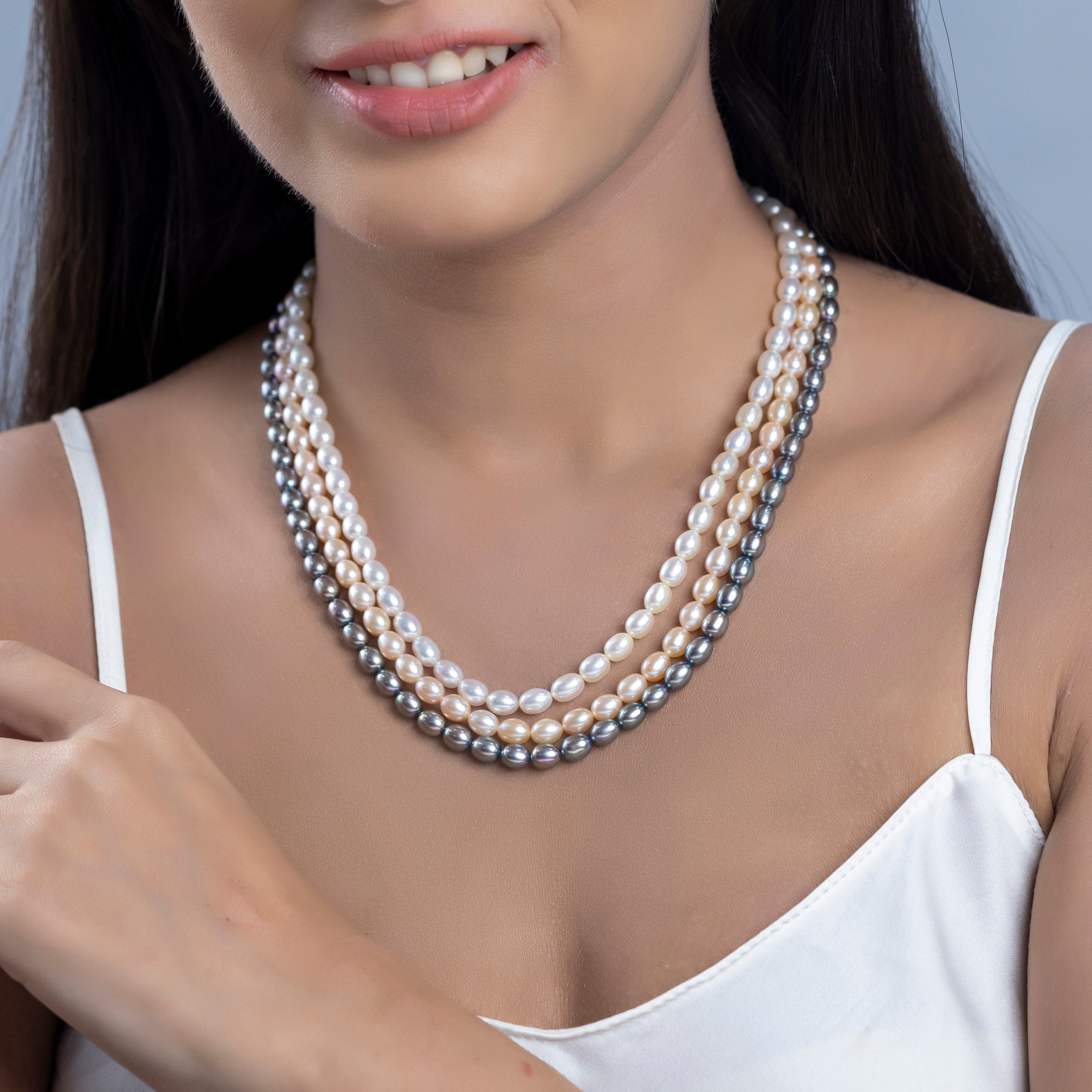 Tricolor Elegance Oval 3-Line Freshwater Pearl Necklace