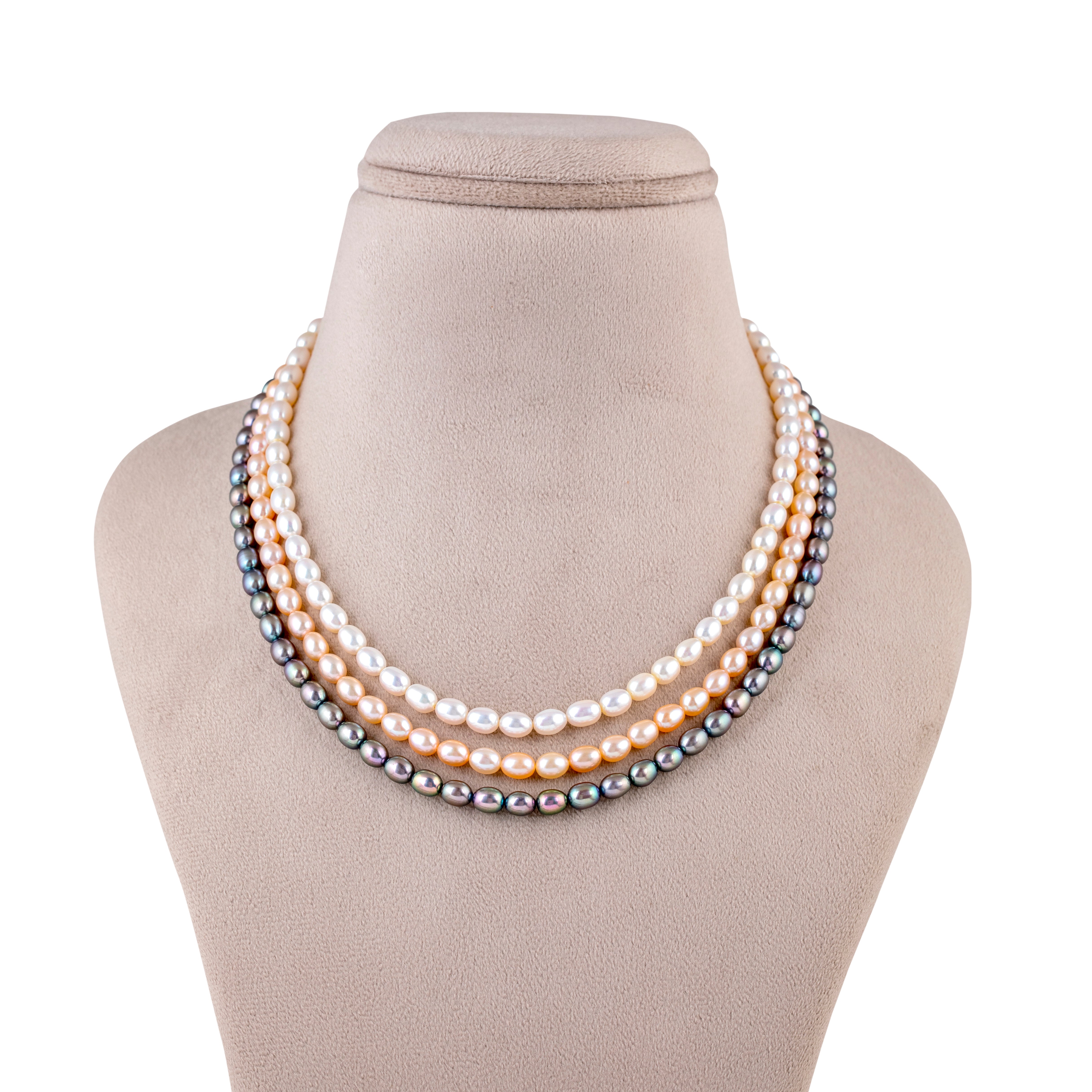 Tricolor Elegance Oval 3-Line Freshwater Pearl Necklace
