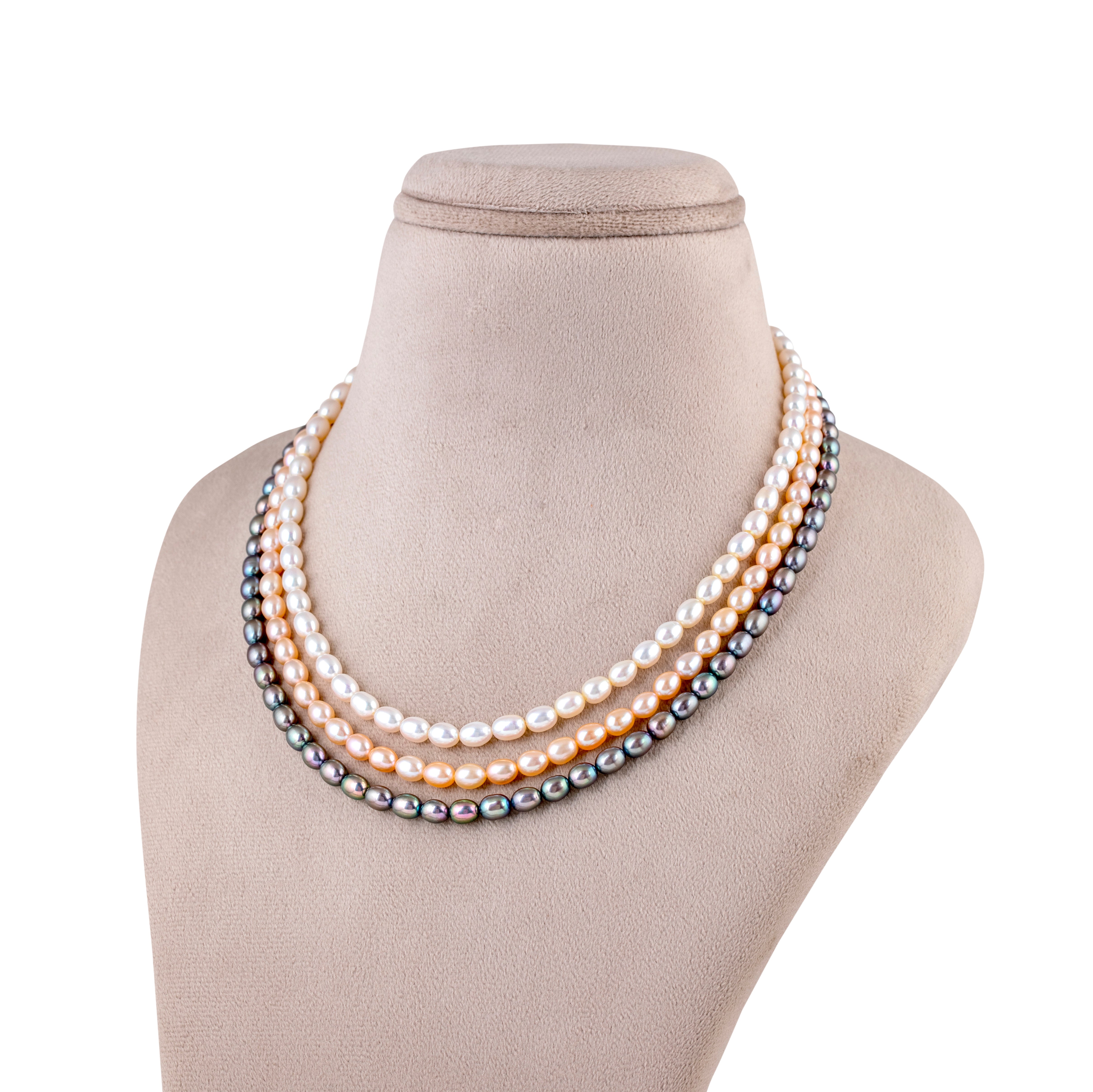 Tricolor Elegance Oval 3-Line Freshwater Pearl Necklace