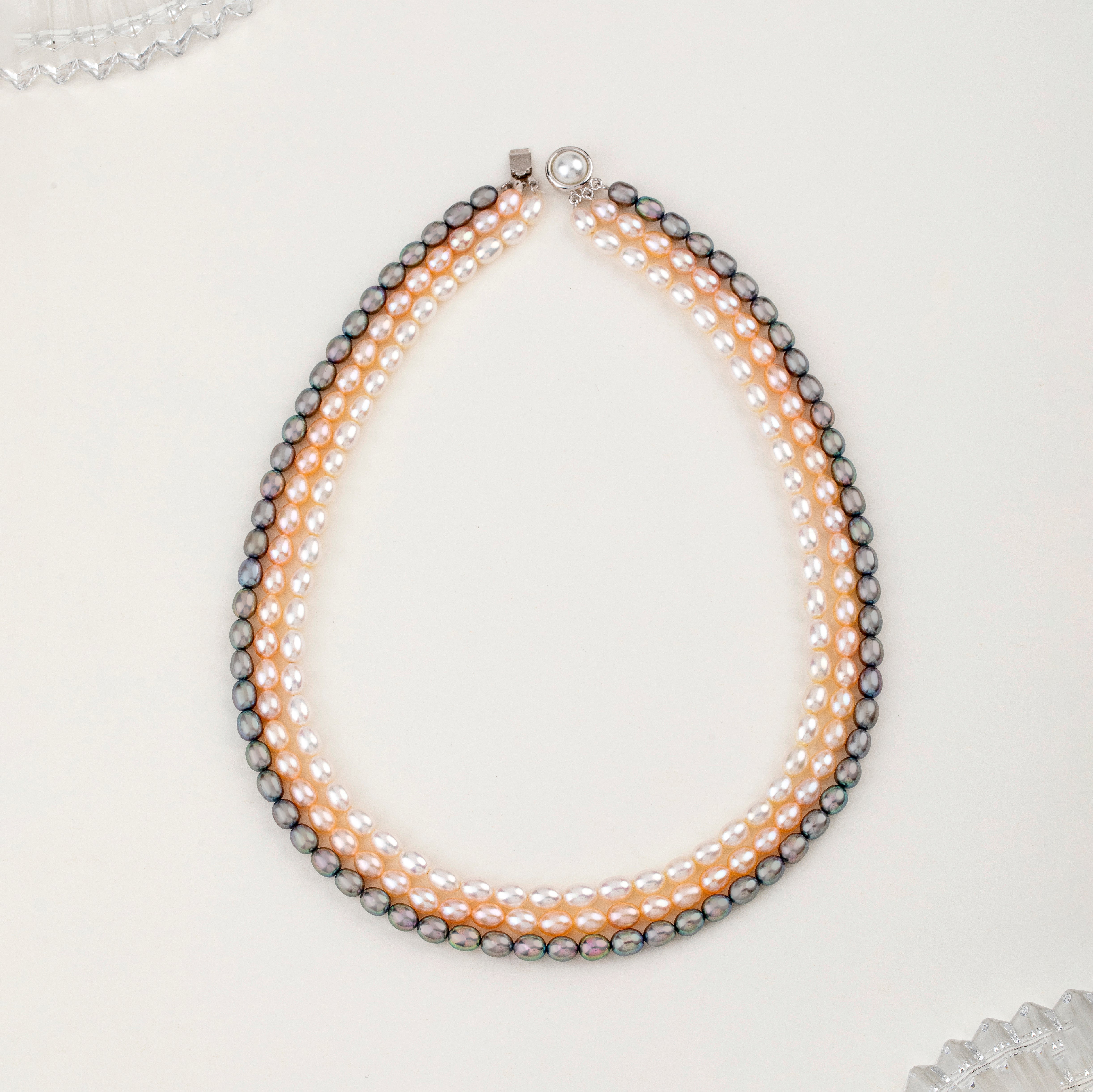 Tricolor Elegance Oval 3-Line Freshwater Pearl Necklace