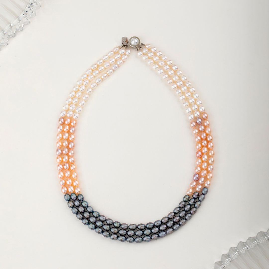 Tricolor Elegance Triple-Line Freshwater Necklace