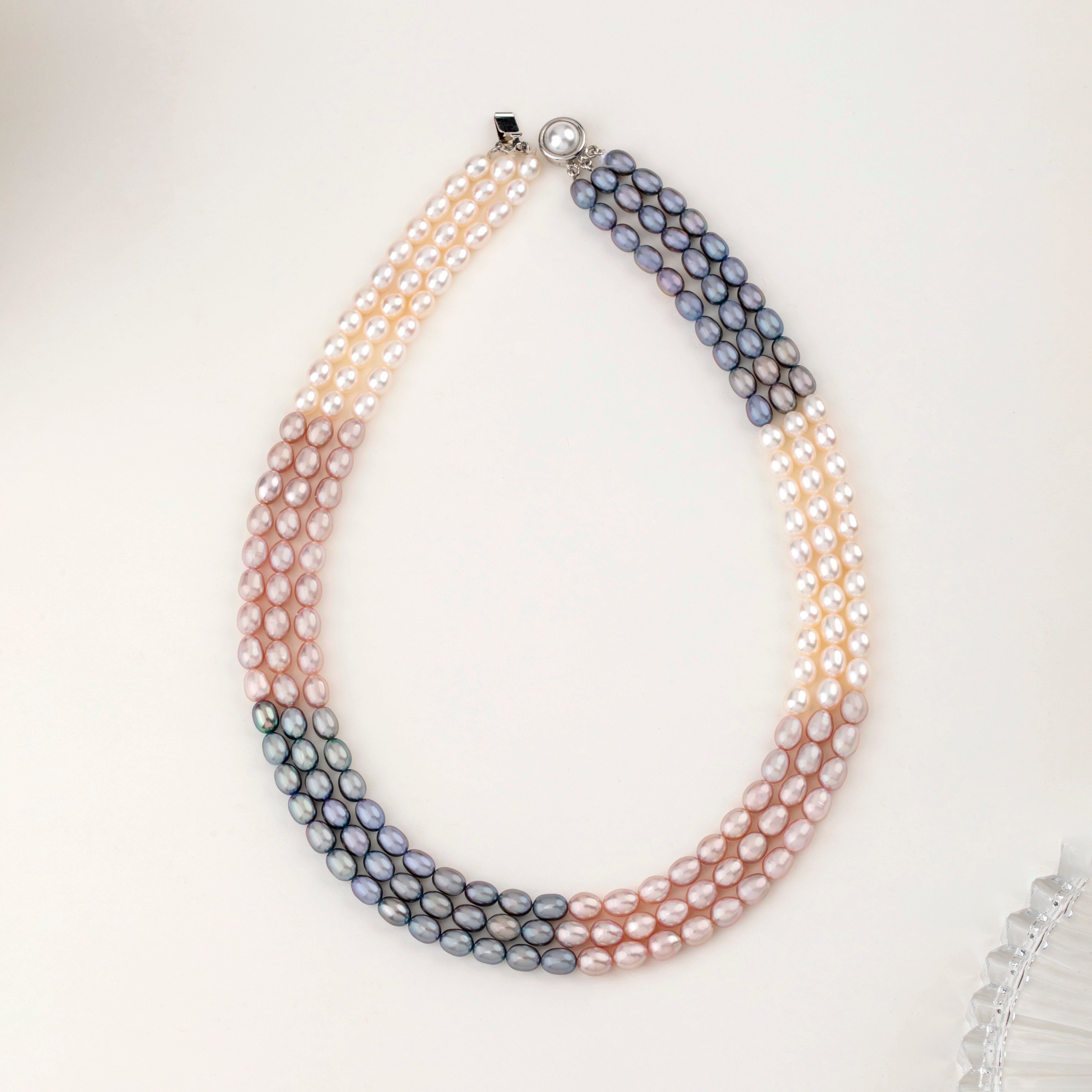 Harmonious Tricolor Oval Triple Strand Freshwater Necklace