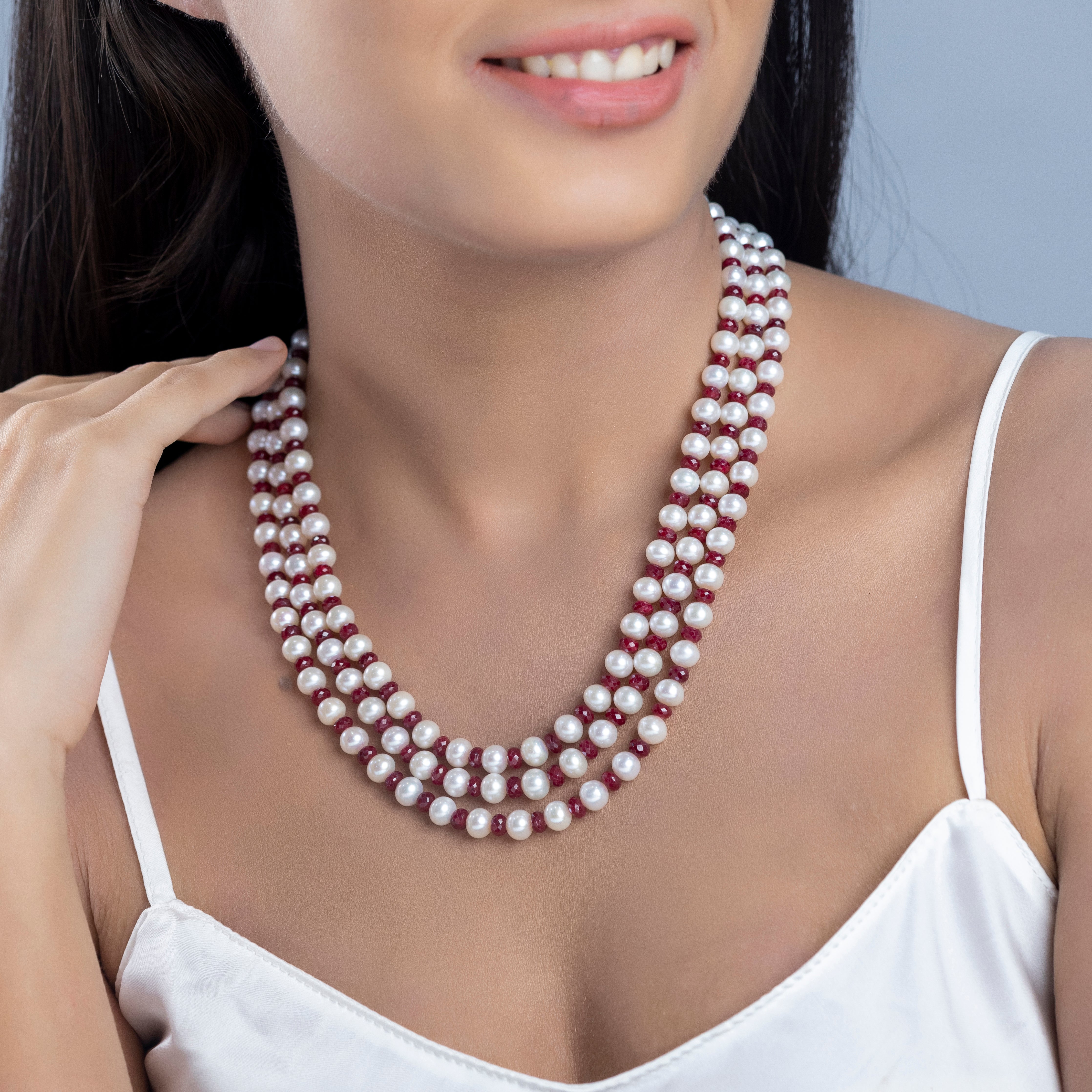 Ruby Cascade Triple Row Freshwater Necklace