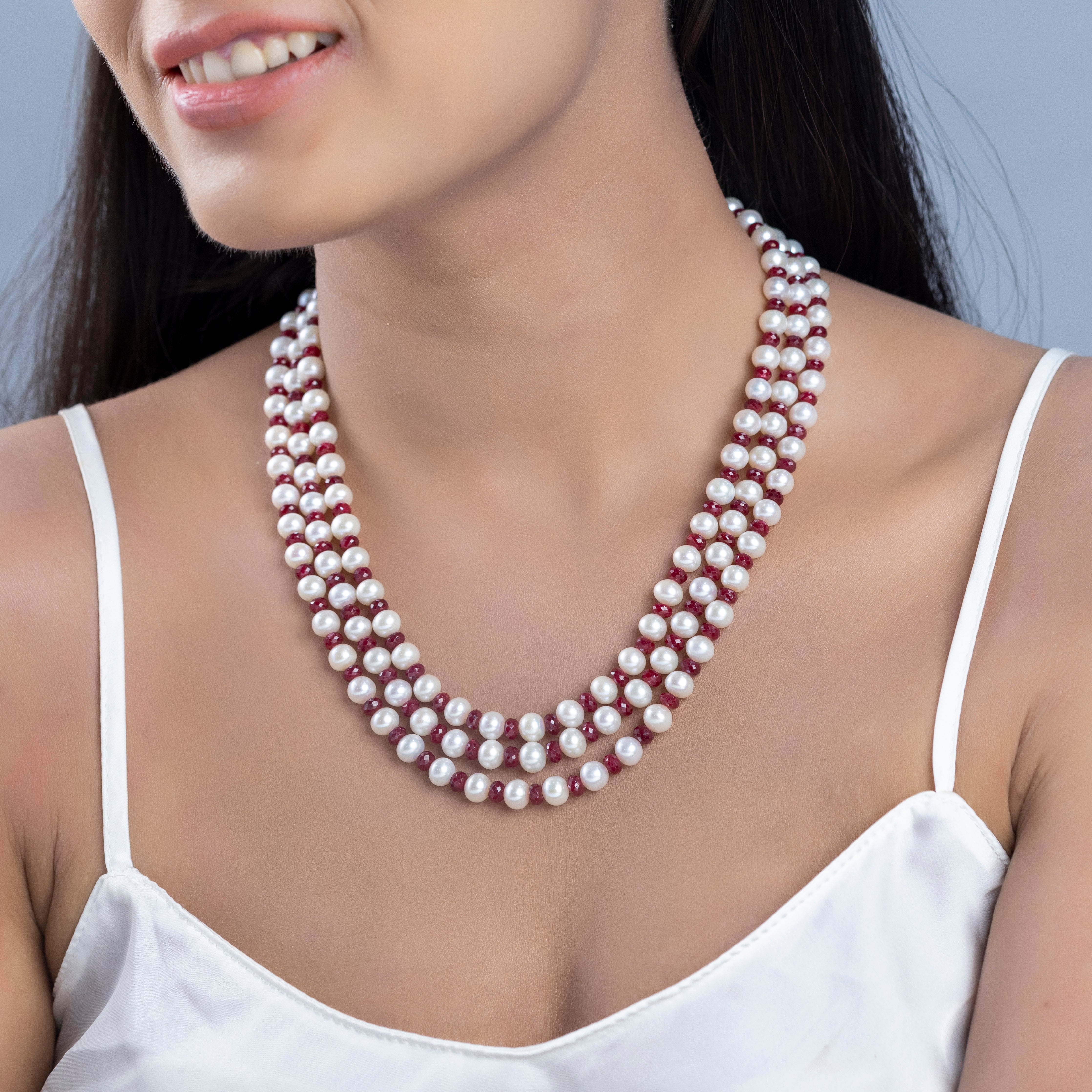 Ruby Cascade Triple Row Freshwater Necklace
