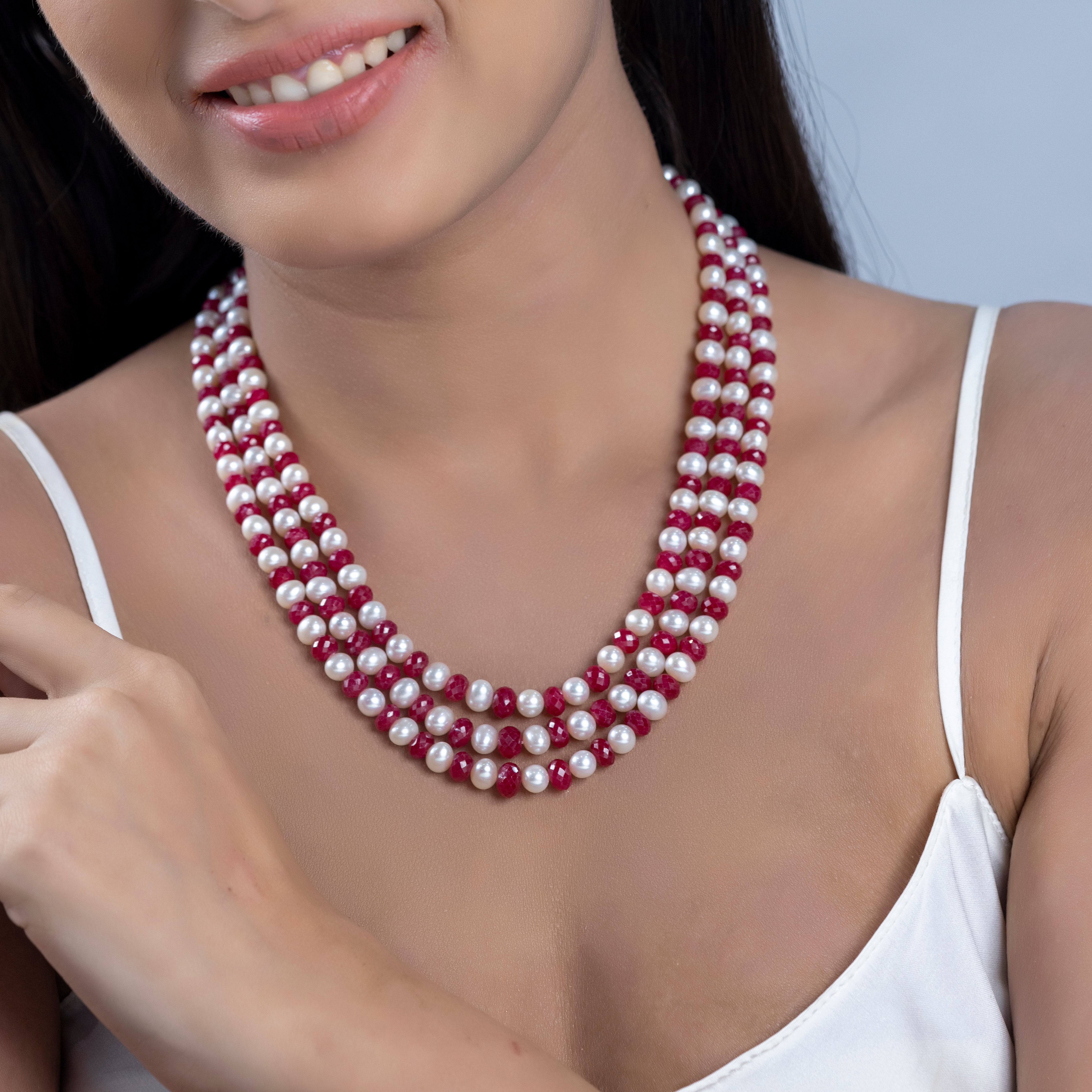 Ruby Frost Triple Row Freshwater Necklace