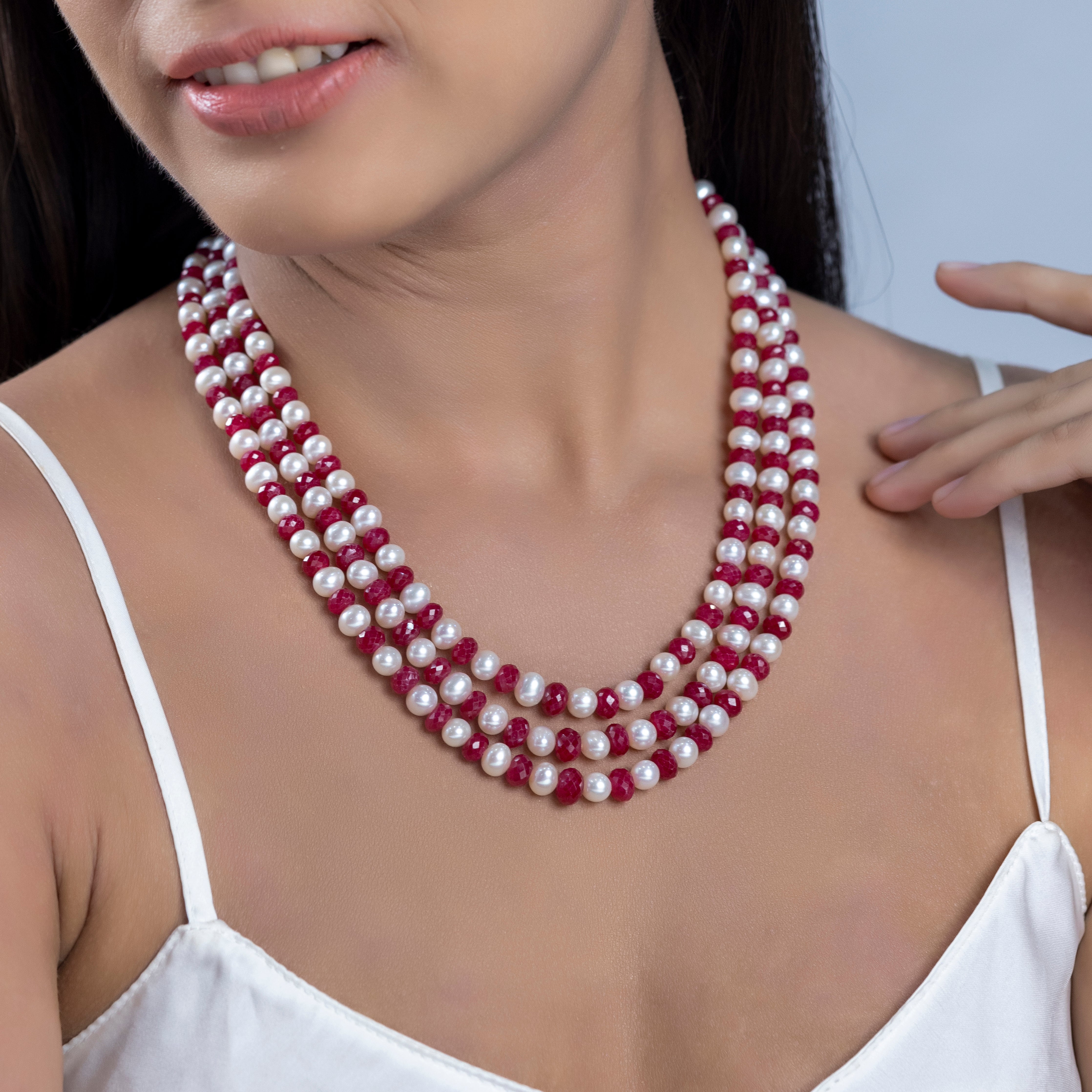 Ruby Frost Triple Row Freshwater Necklace