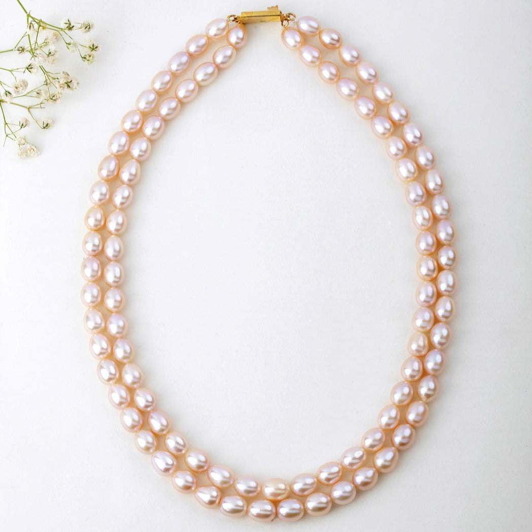 Freshwater oval Pink beauty 2-line Pearl Necklace