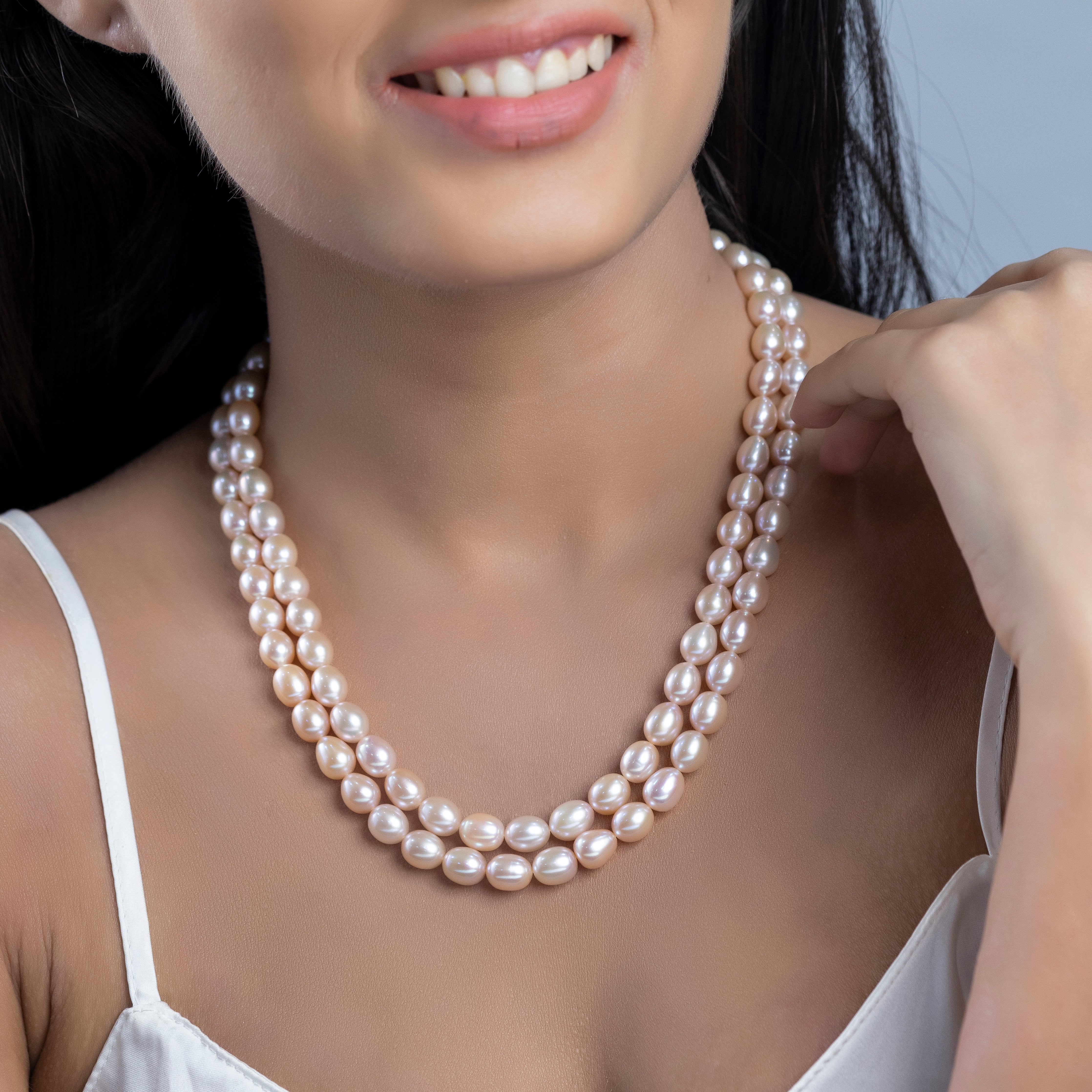 Freshwater oval Pink beauty 2-line Pearl Necklace