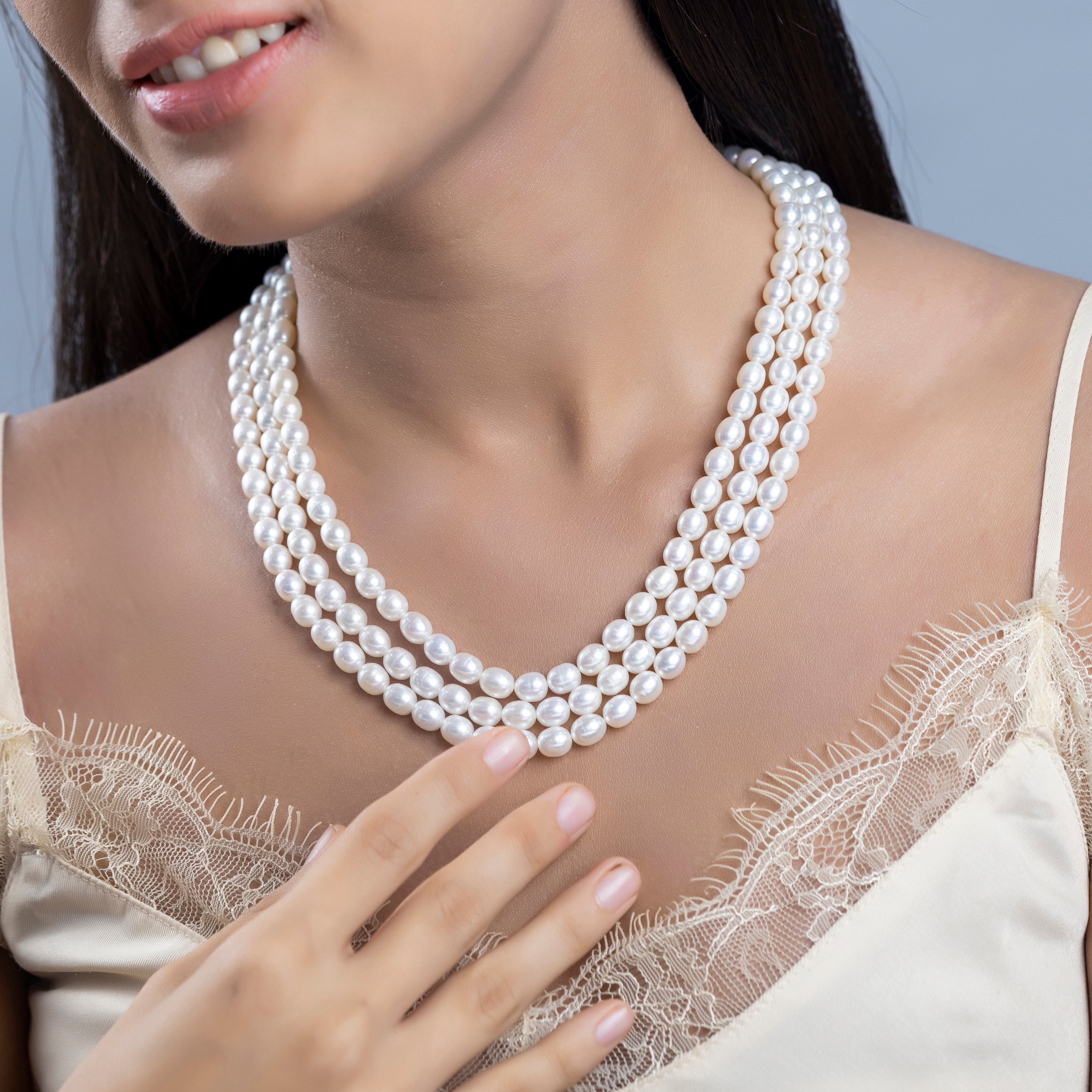 Freshwater oval White beauty 3-line Pearl Necklace