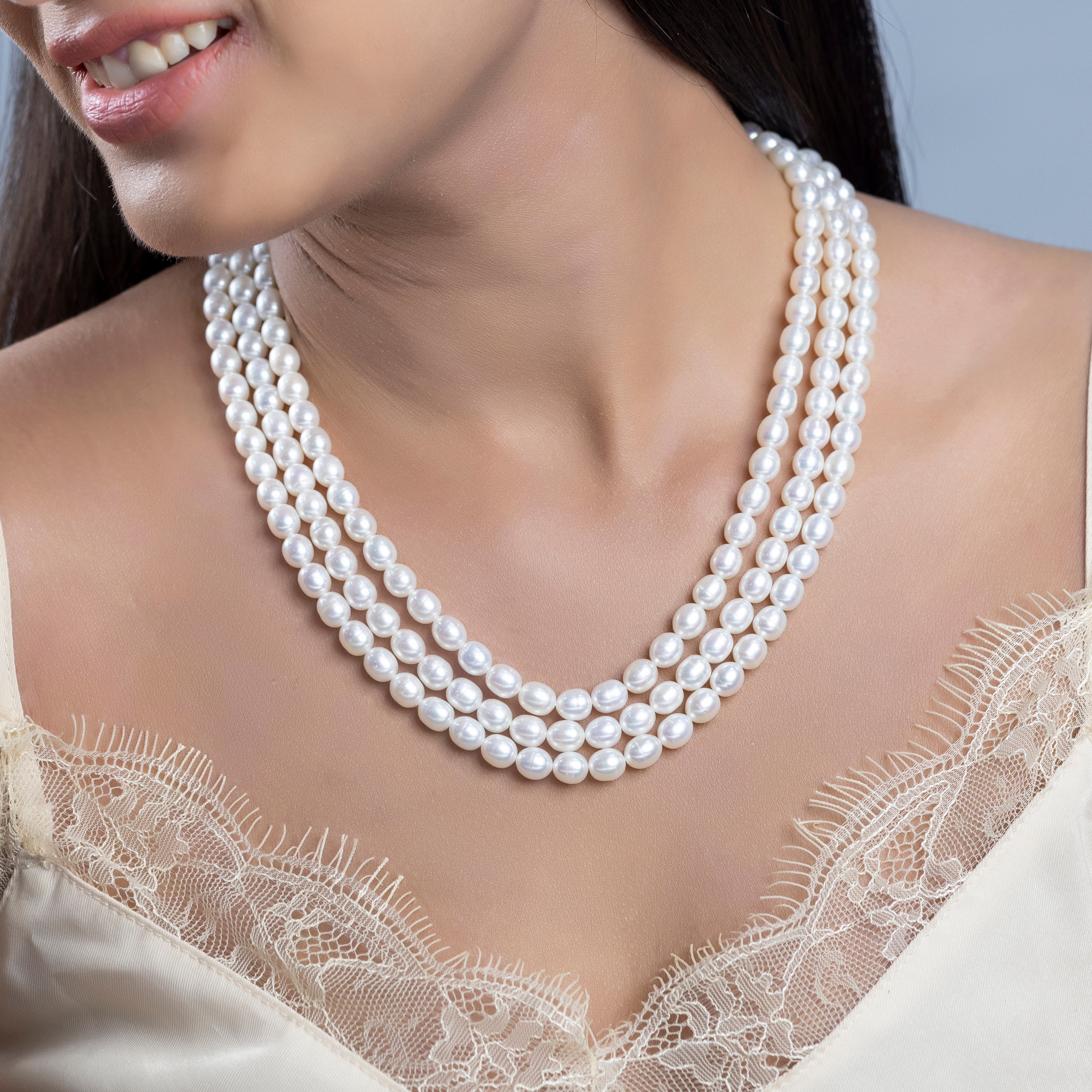 Freshwater oval White beauty 3-line Pearl Necklace