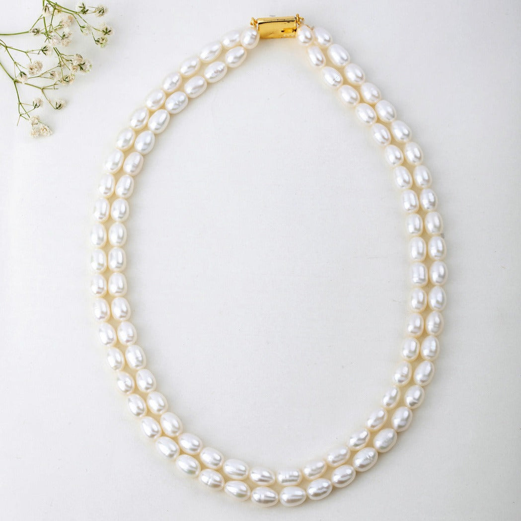 Freshwater Small White Oval Beauty 2-Line Pearl Necklace