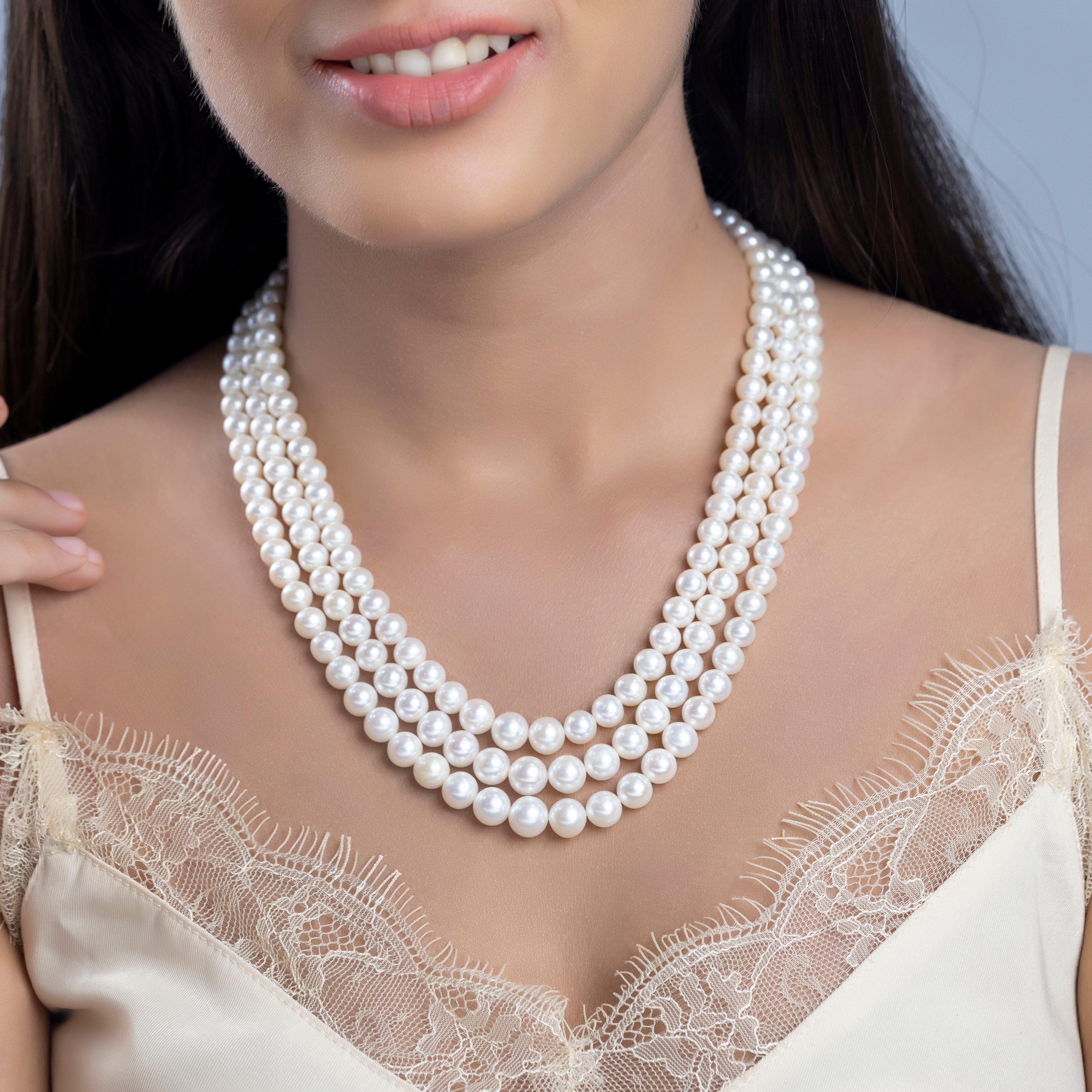 Bridal Radiance Triple-Strand White Freshwater Pearl Necklace