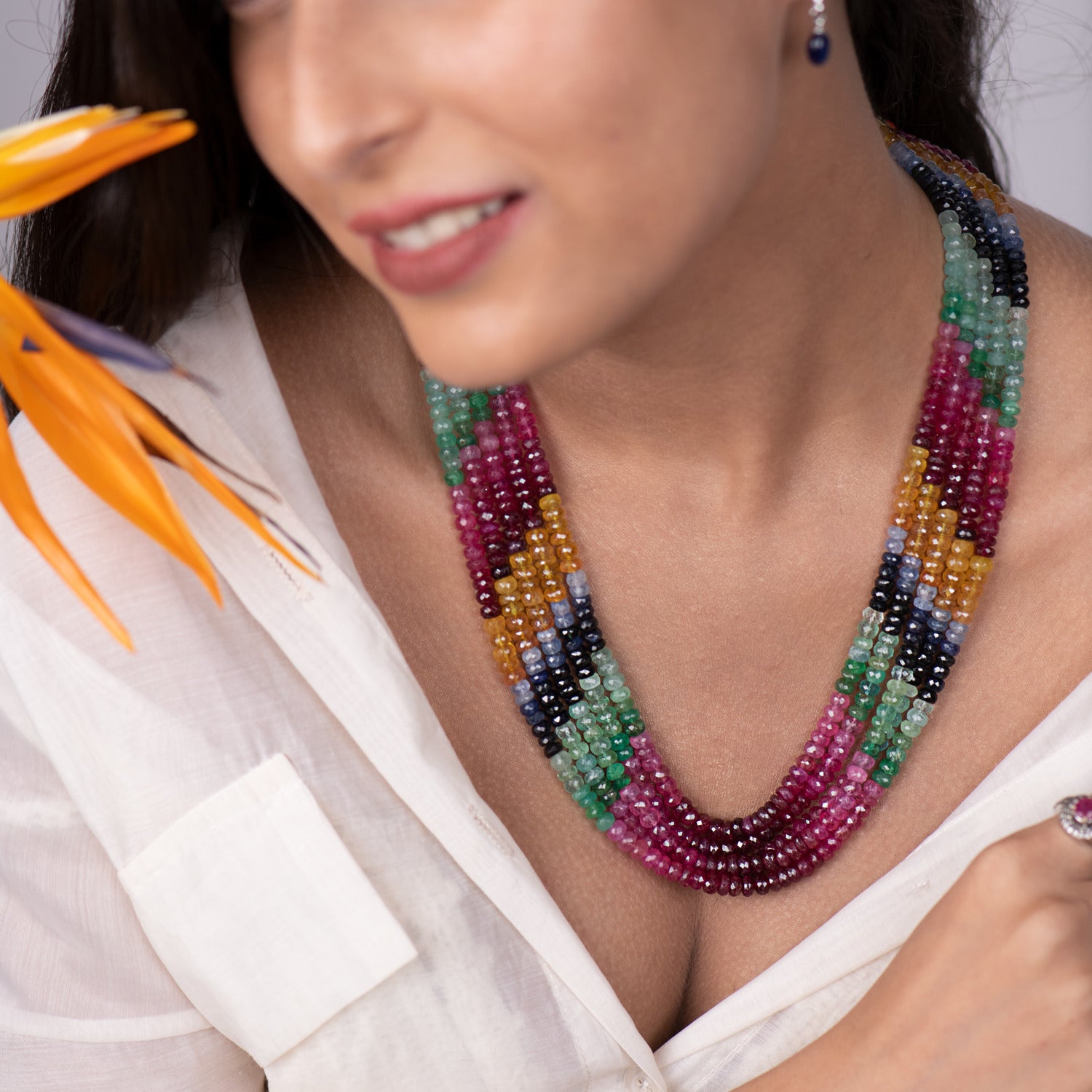 Prismatic Panache: 5-Line Multicolor Precious gemstone Necklace