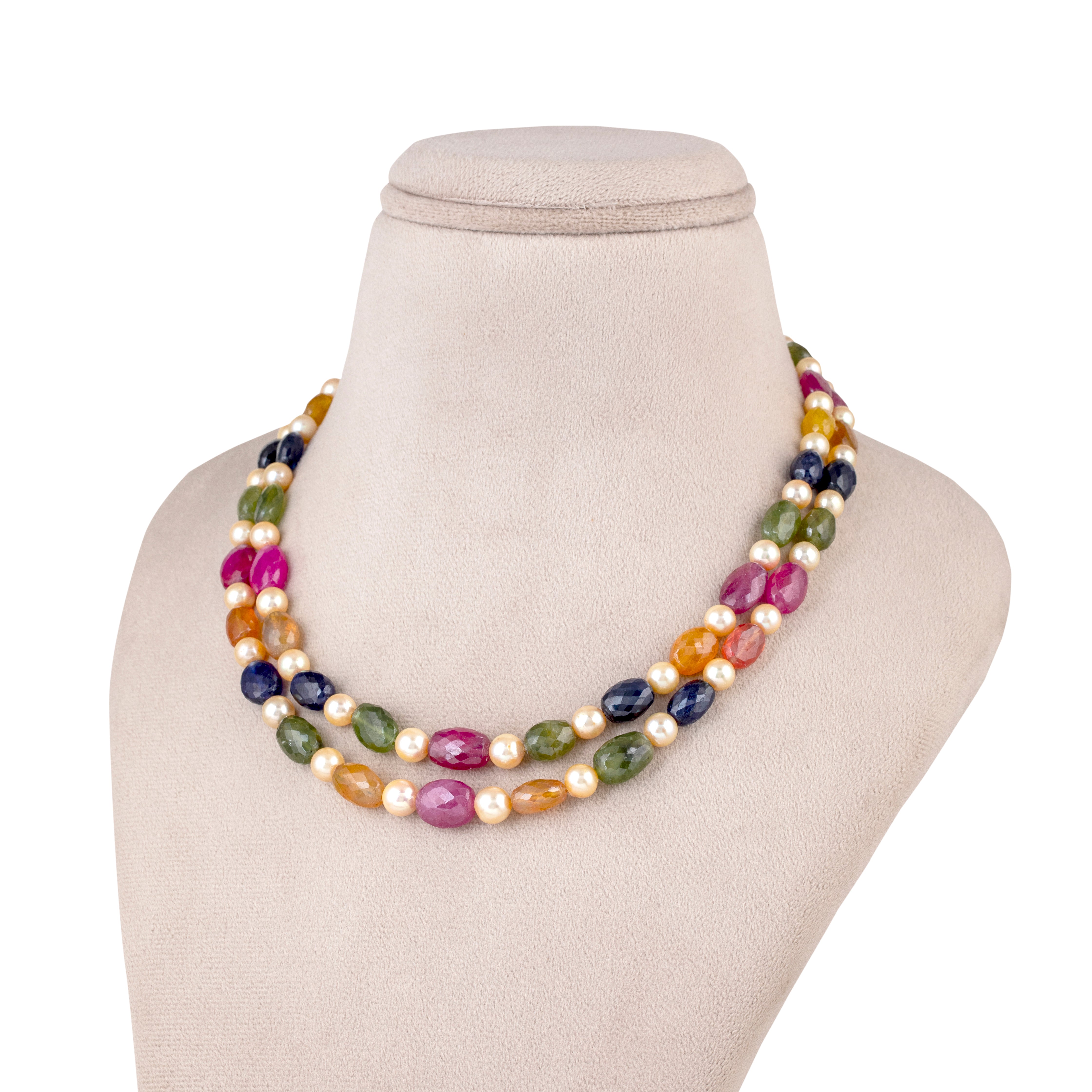 Multicolour Sapphire and Japanese Pearl Two-Line Necklace