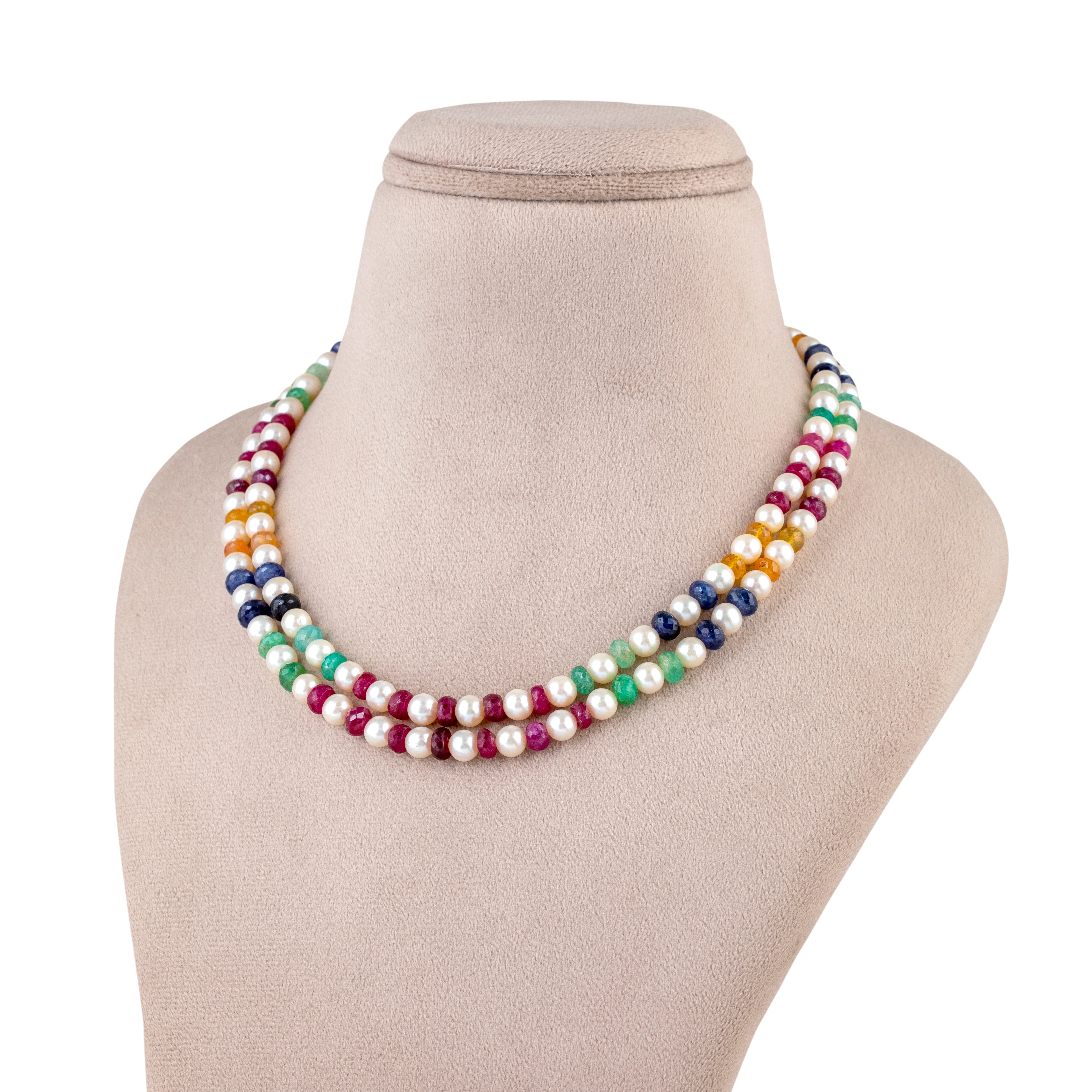 Multicolour Sapphire and Freshwater Pearl Two-Line Necklace
