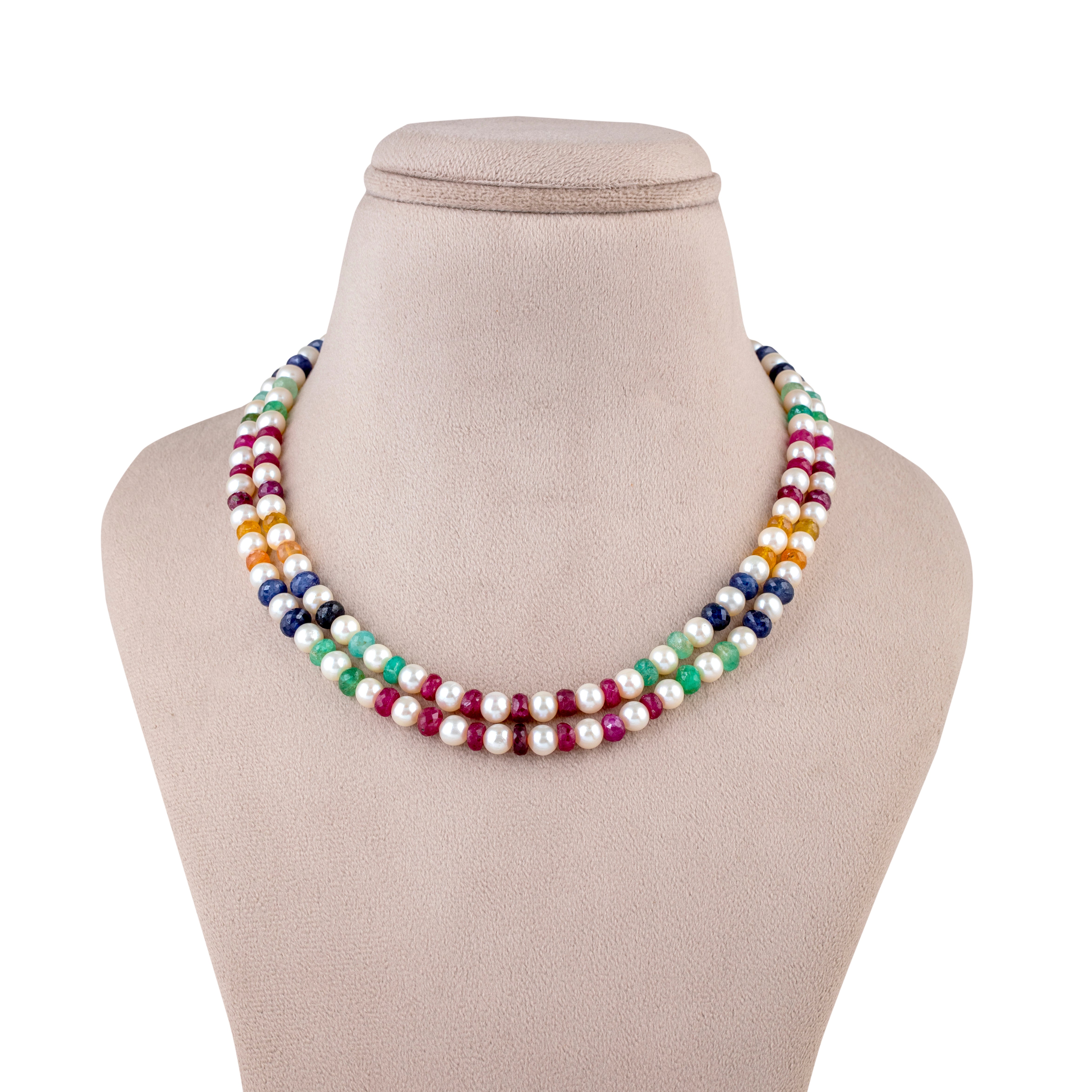 Multicolour Sapphire and Freshwater Pearl Two-Line Necklace